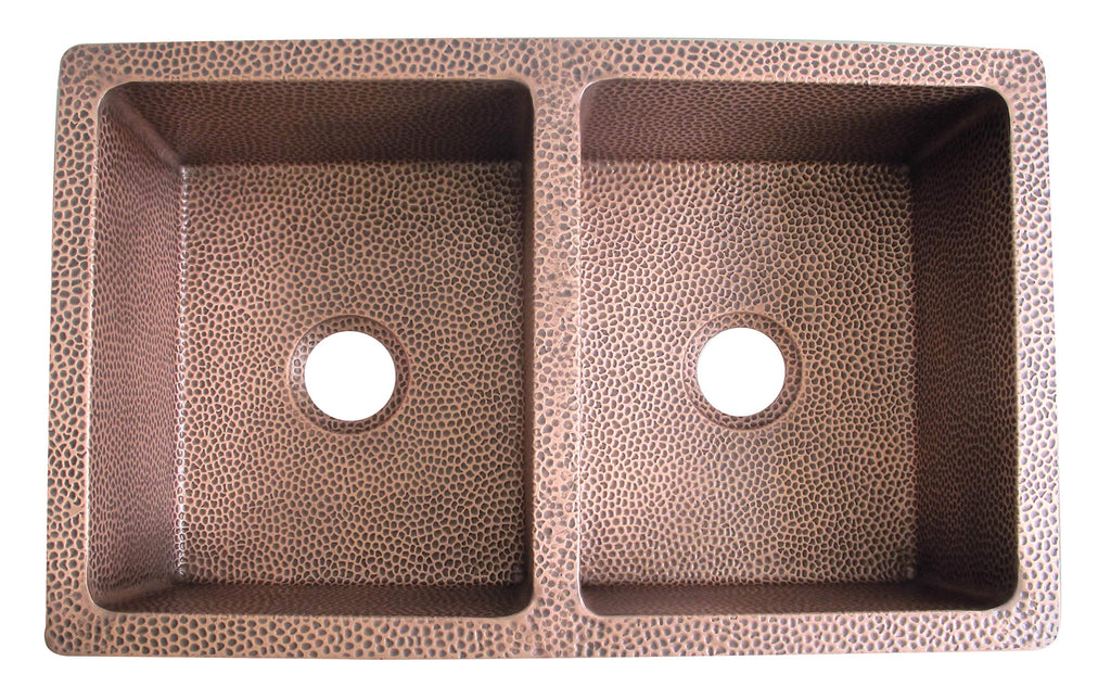 CT Copper Tailor 33" Copper Farmhouse Kitchen Sink 16 Gauge Thick, Hand-hammered Antique Copper 50/50 Double Bowl Sink,Strainer Included