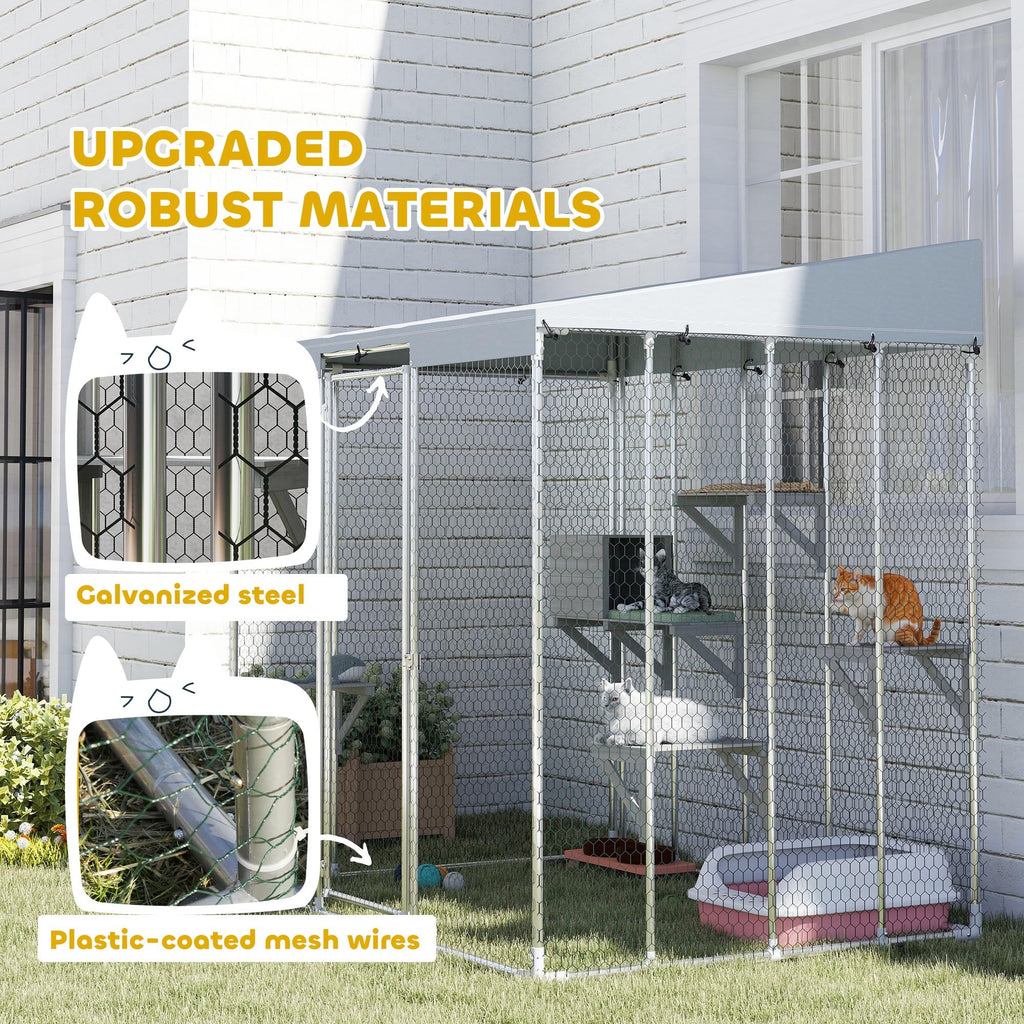 PawHut Catio Outdoor Cat Enclosure, 79" Large Walk-in Cat House with Waterproof Cover, Resting Box, 5 Jumping Platforms, Chicken Run Coop, Rabbit Hutch, Feral Cat Shelter Sloped Roof