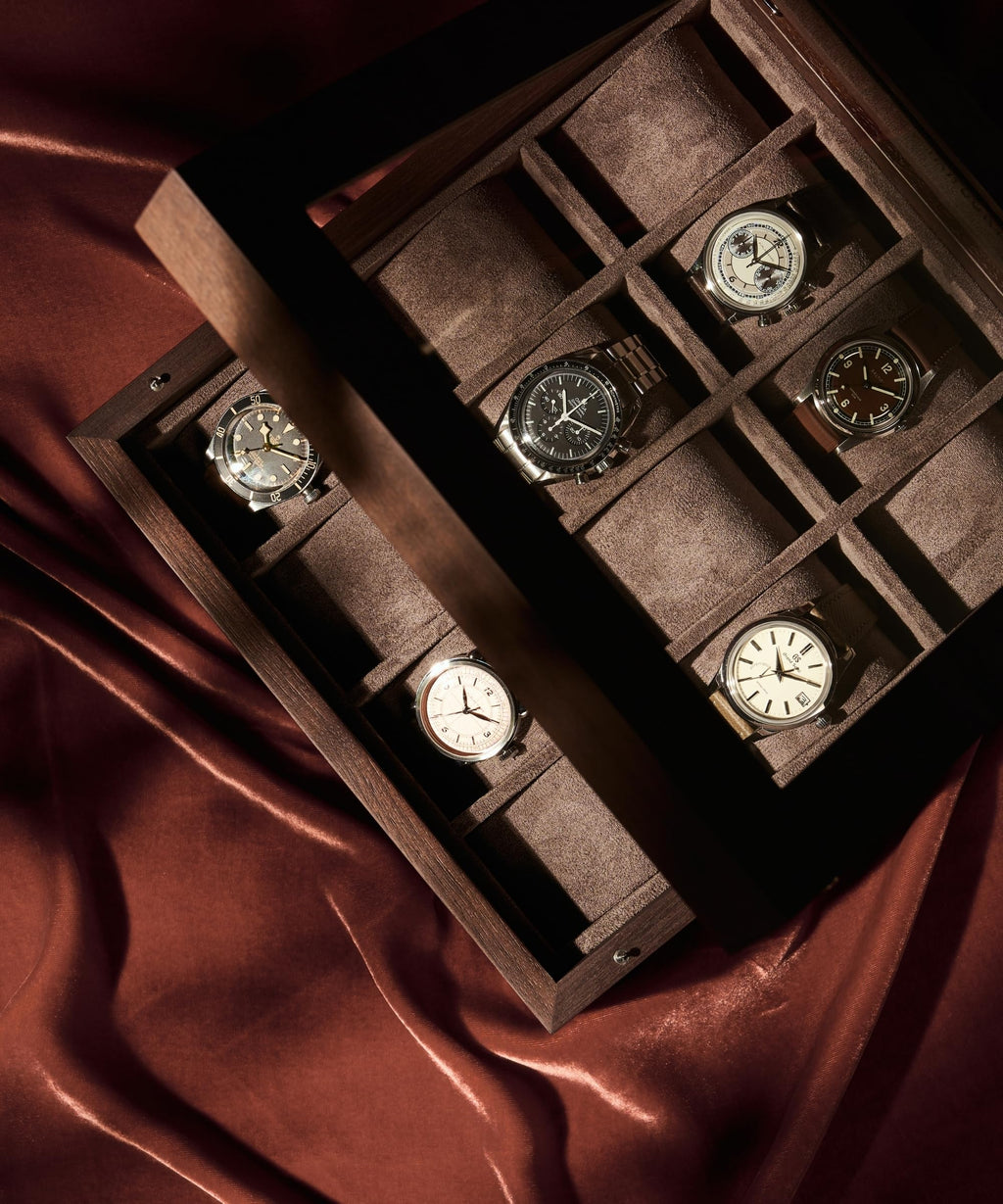 TAWBURY Wooden Watch Case - 12 Slot Wood Watch Box for Men & Women with Glass Display, Protective Fully Lined Interior and 2-inch Wide Pillows for Small & Large Watches (Dark Walnut)