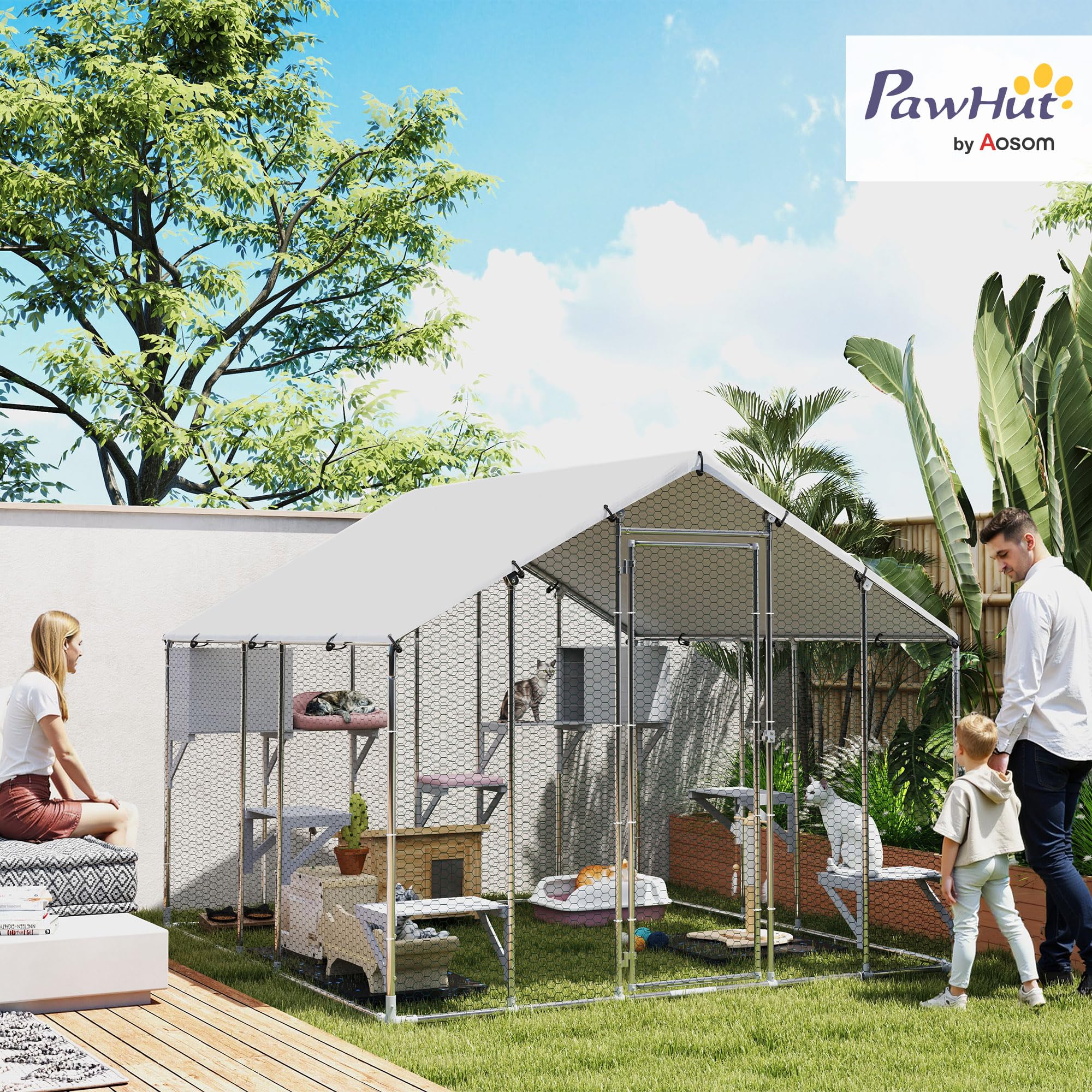 PawHut Catio Outdoor Cat Enclosure, 95" Extra Large Walk-in Cat House with Waterproof Cover, 2 Resting Boxes, 7 Jumping Platforms, Chicken Run Coop, Rabbit Hutch, Feral Cat Shelter Pointed Roof