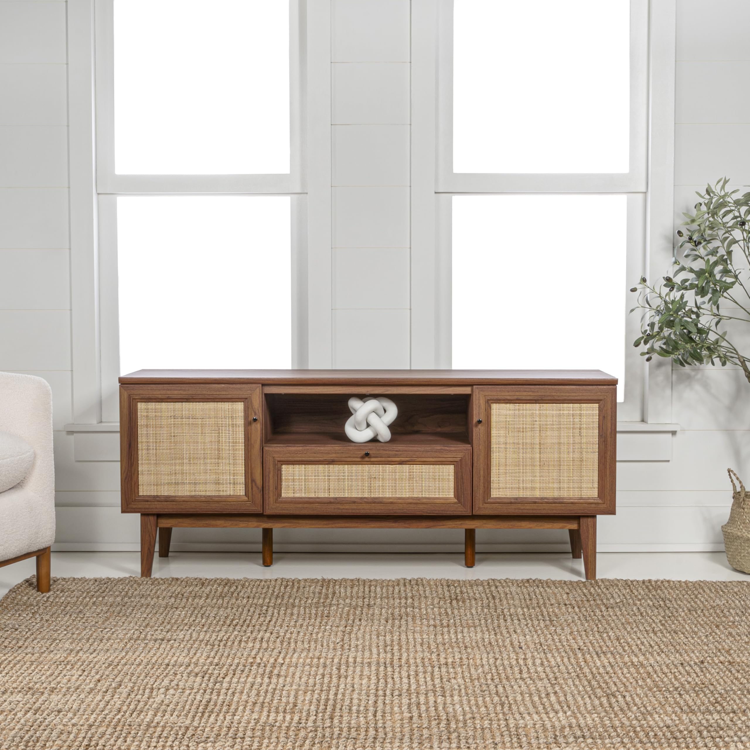 JONATHAN Y Finley 59" Mid-Century Walnut Rattan TV Stand for TVs up to 65 Inch, Wood Media Console with Woven Cane Soft-Close Doors and Drawer, Bohemian Entertainment Center for Living Room TVS1002B
