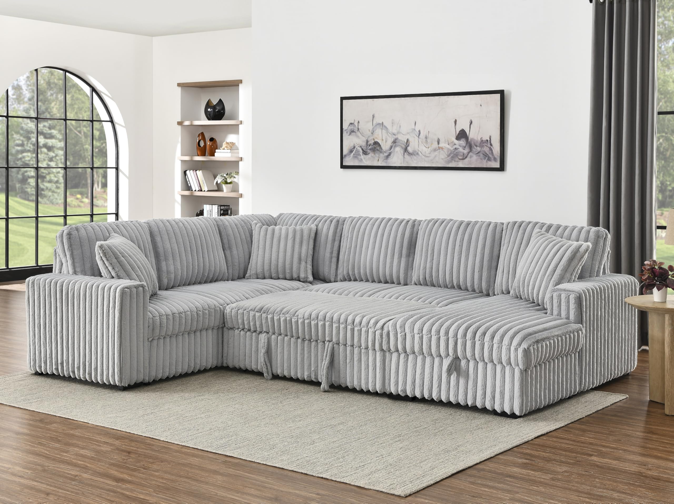 KEIKI 122" Pull-Out Sofa Bed, Sleeper Pull Out Sectional Couch, Oversized U Shape Sleeper Sofa Bed with Storage Chaise, USB Ports for Apartment Living Room, Gray
