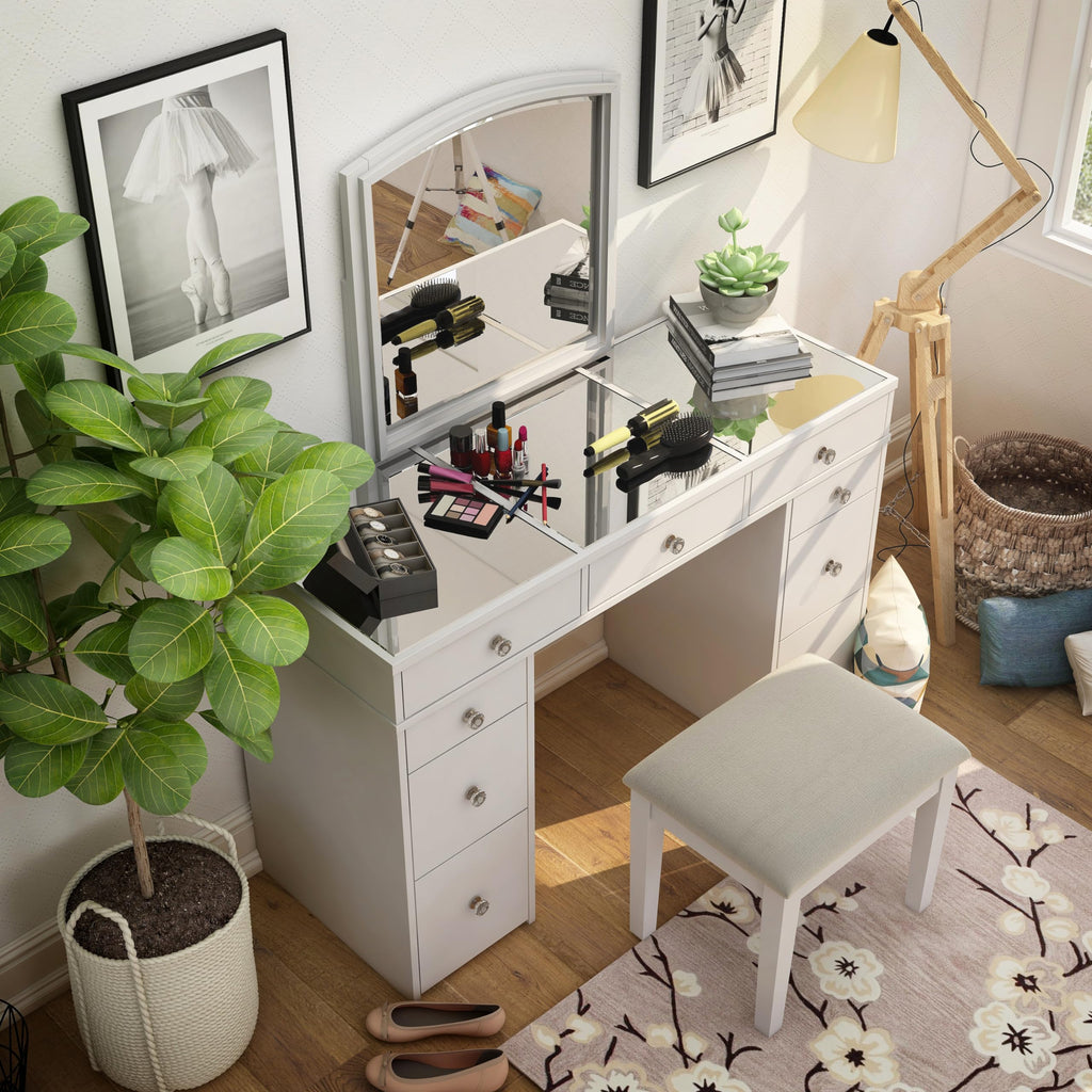 24/7 Shop at Home Juno Modern White Vanity Desk with Mirror and LED Lights, Makeup Table with 9 Drawers, Upholstered Stool with Wood Legs, Bedroom Furniture Set, Dressing Room, Youth Room