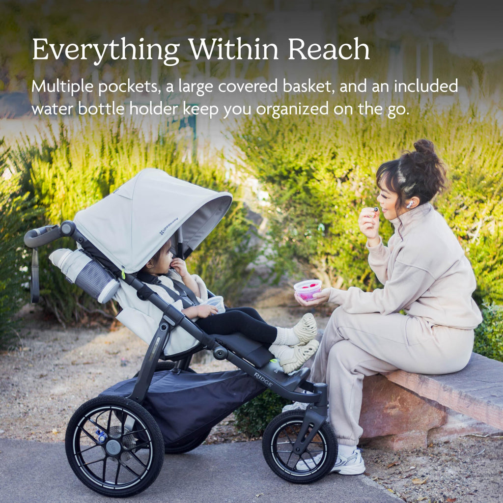 UPPAbaby Ridge V2 Jogging Stroller | All-Terrain Performance Suspension + Never-Flat Tires Built for Walking, Running + Trails | Water Bottle Holder Included | Savannah (Pearl Grey | Carbon Frame)