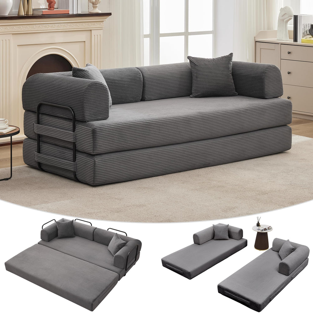 4 in 1 Convertible Sleeper Sofa Bed, 78.7" Boneless Corduroy Floor Couch with Pillows, Folding Futon Loveseat, Deep Seat Pull Out Sofa for Living Room, Apartment, Bedroom, No Assembly Required, Gray