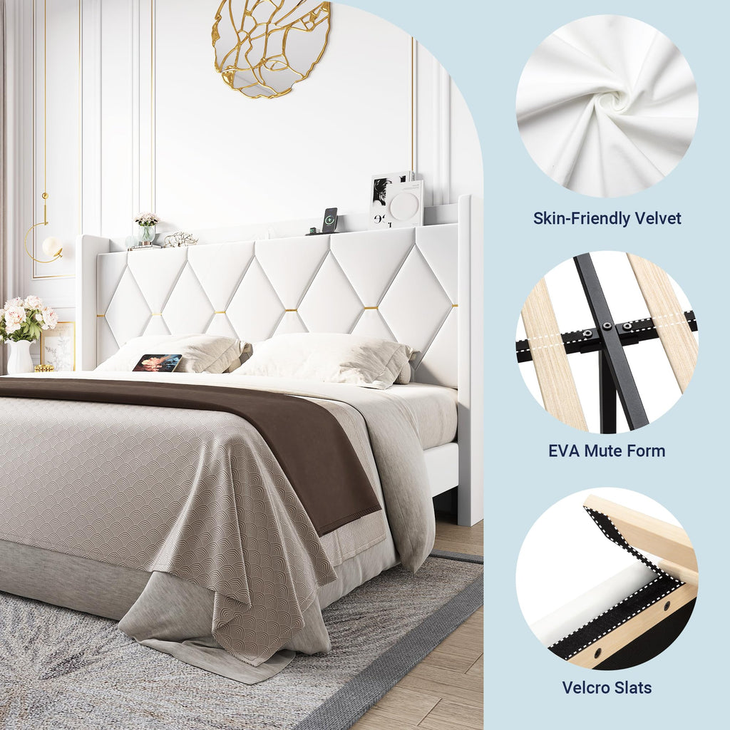 Allewie Velvet King Size Upholstered Bed Frame with Wingback Storage Headboard & Charging Station, Platform Bed with Diamond Tufted Design & Gold Trim, No Box Spring Needed, Easy Assembly, White