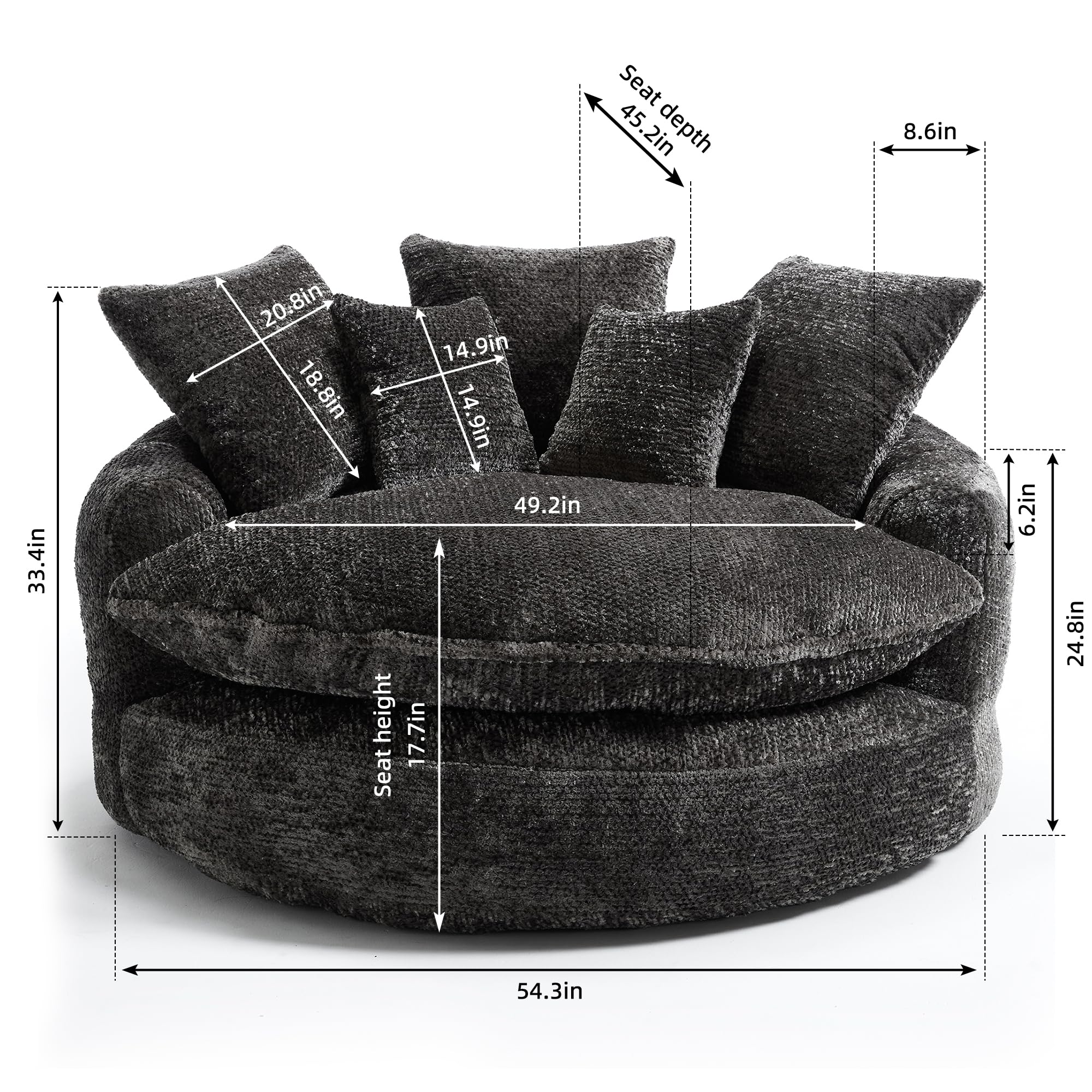 LITVZ Oversized Round Chaise Lounge Indoor, Comfy Round Boneless Sofa Chair with Extra Deep Seat, Cozy Memory Foam Cuddle Circle Couch and 5 Pillows for Reading Living Room