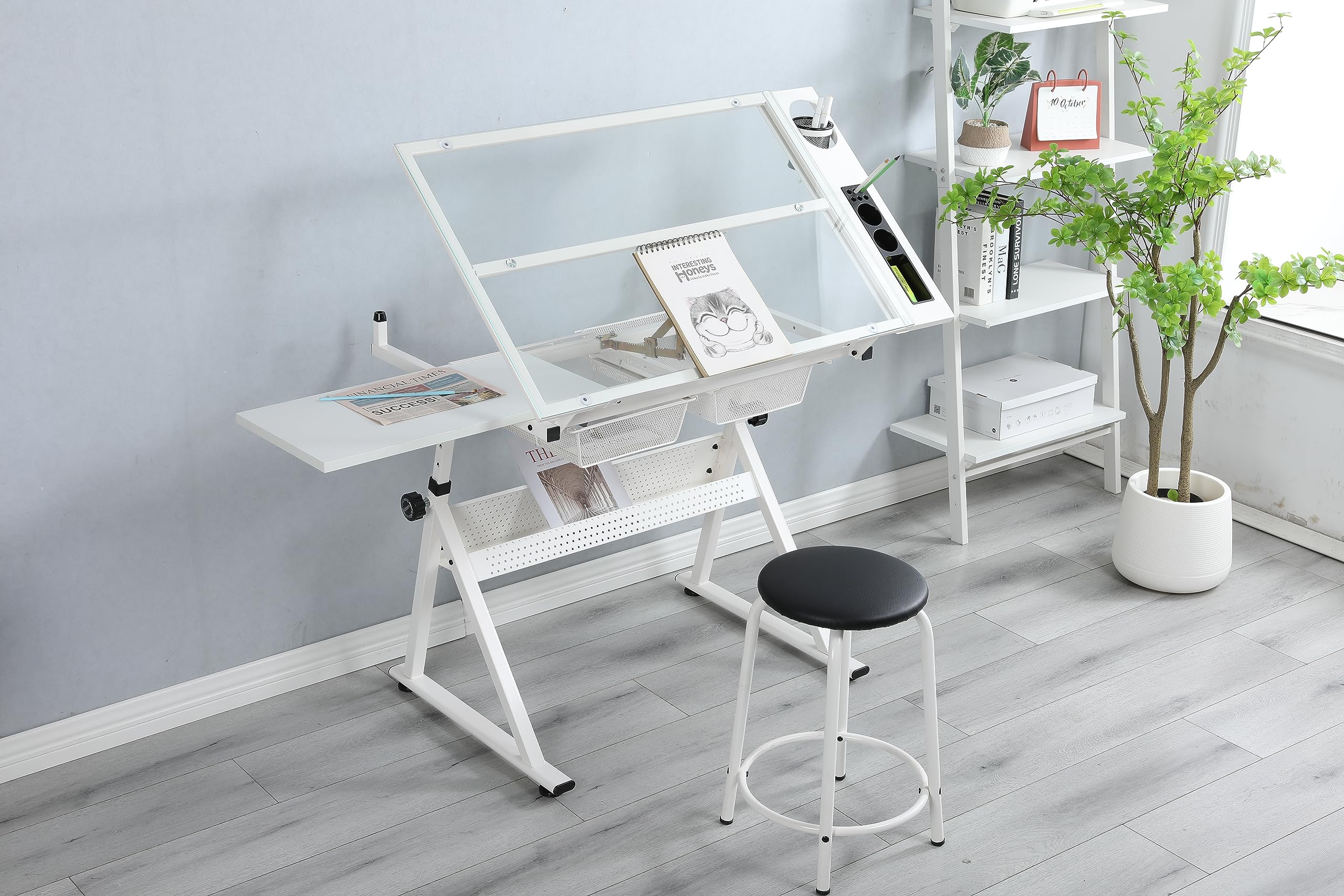GOWE White Adjustable Tempered Glass Drafting Printing Table with Chair