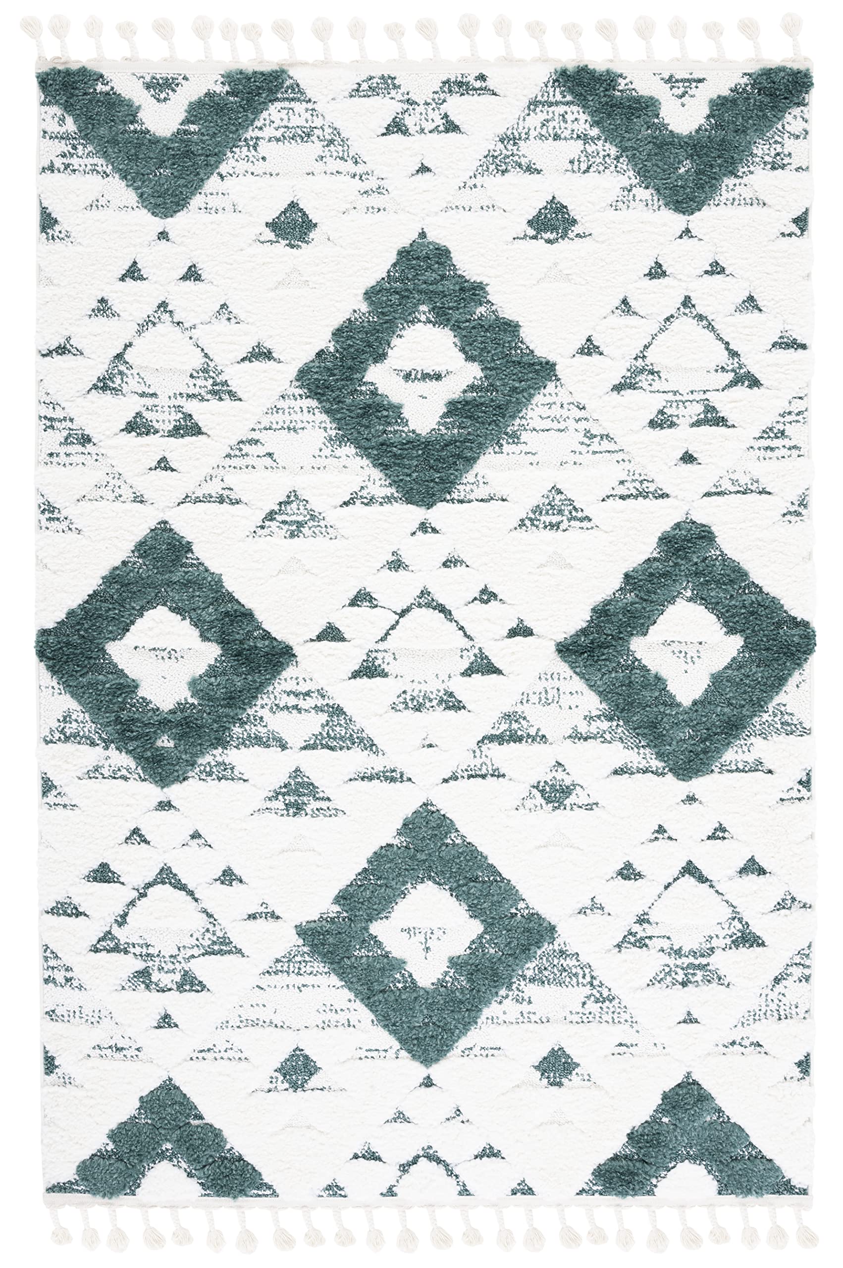 SAFAVIEH Area Rug 8x10 - Moroccan Tassel Shag Collection - Large - Green & Ivory, Non-Shedding & Easy to Clean, Plush High-Low Texture, Ideal for Living Room, Bedroom, Dining Space (MTS688Y)