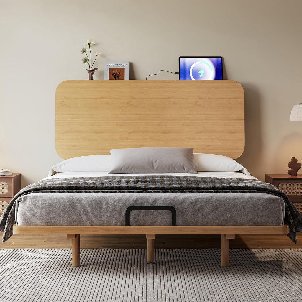 KEIKI Full Size Bamboo Platform Bed with Headboard and USB Ports, Mid-Century Modern Floating Bed Frame with Solid Support Slats, No Box Spring Needed, Easy Assembly, Noise Free, for Bedroom, Natural