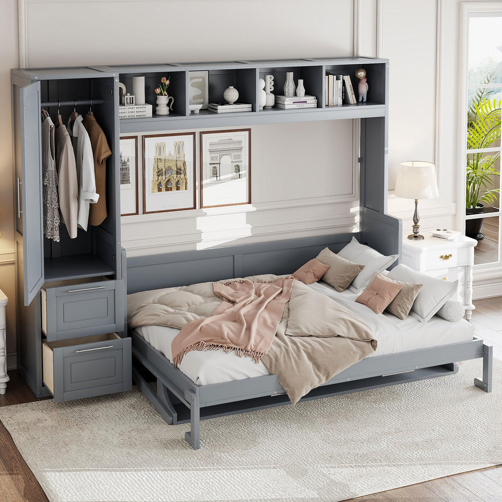 Merax Full Size Murphy Bed, Wall with Closet and Drawers, Storage Space Saving Muti-Functional Beds Frame for Home Office Guest Room, Gray