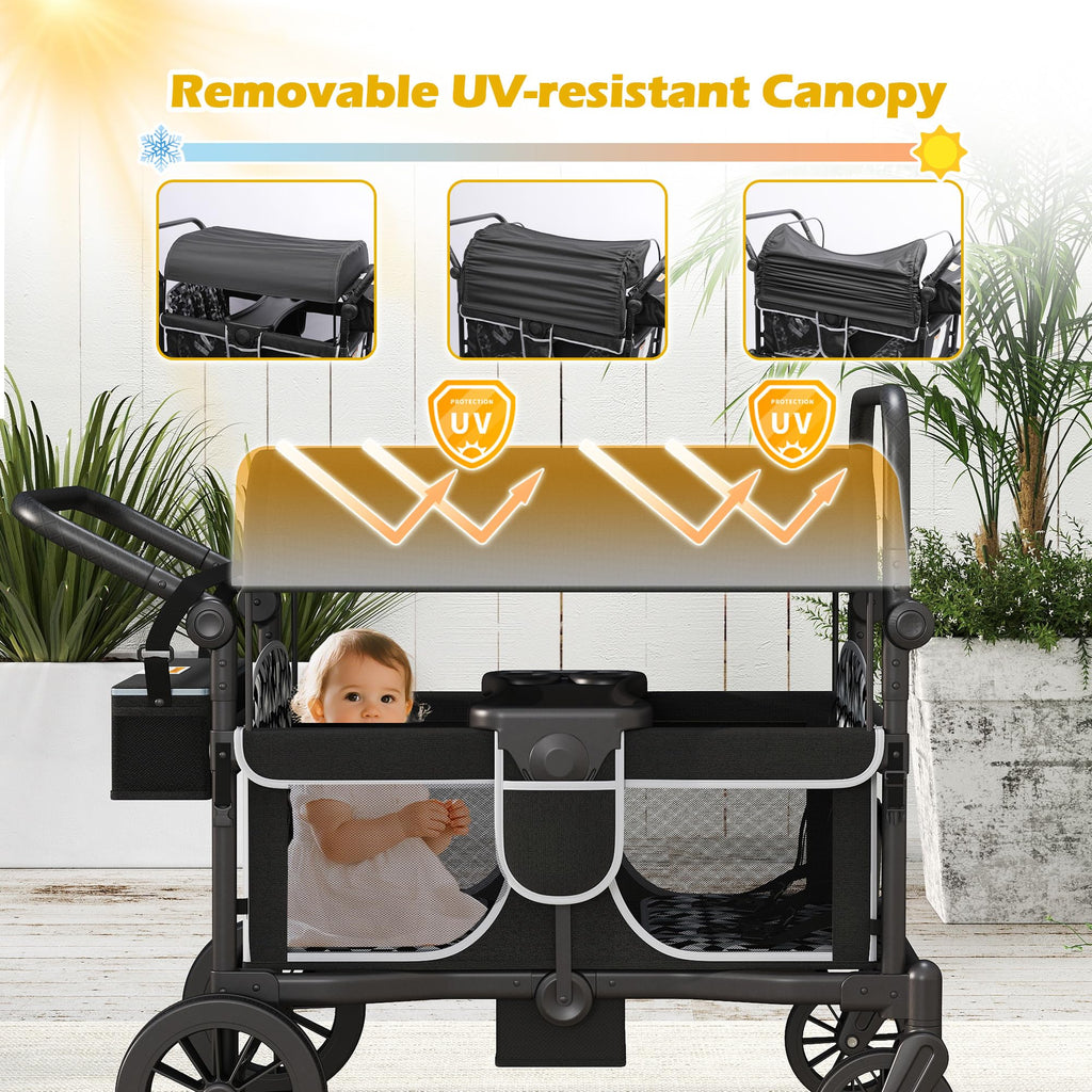 Xilingol 4-Seater Wagon Stroller for Kids, Foldable Outdoor Wagon with Canopy, Adjustable Handle, 5-Point Harness, Detachable Tray & Carry Bag (Black)