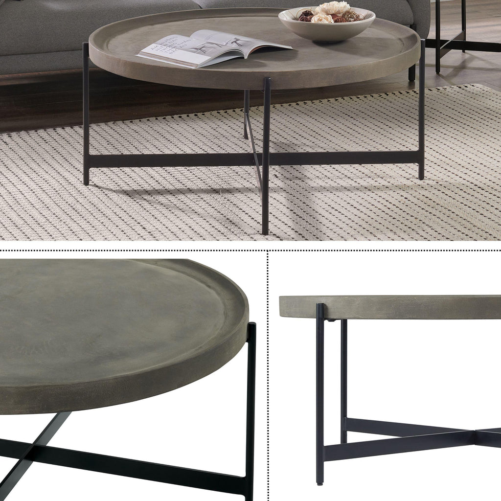 Alaterre Furniture Brookline 42-Inch Round Concrete-Coated Wood Coffee Table with Tray Top and Black Iron Legs – Industrial Farmhouse Living Room Accent Table with X-Frame Base