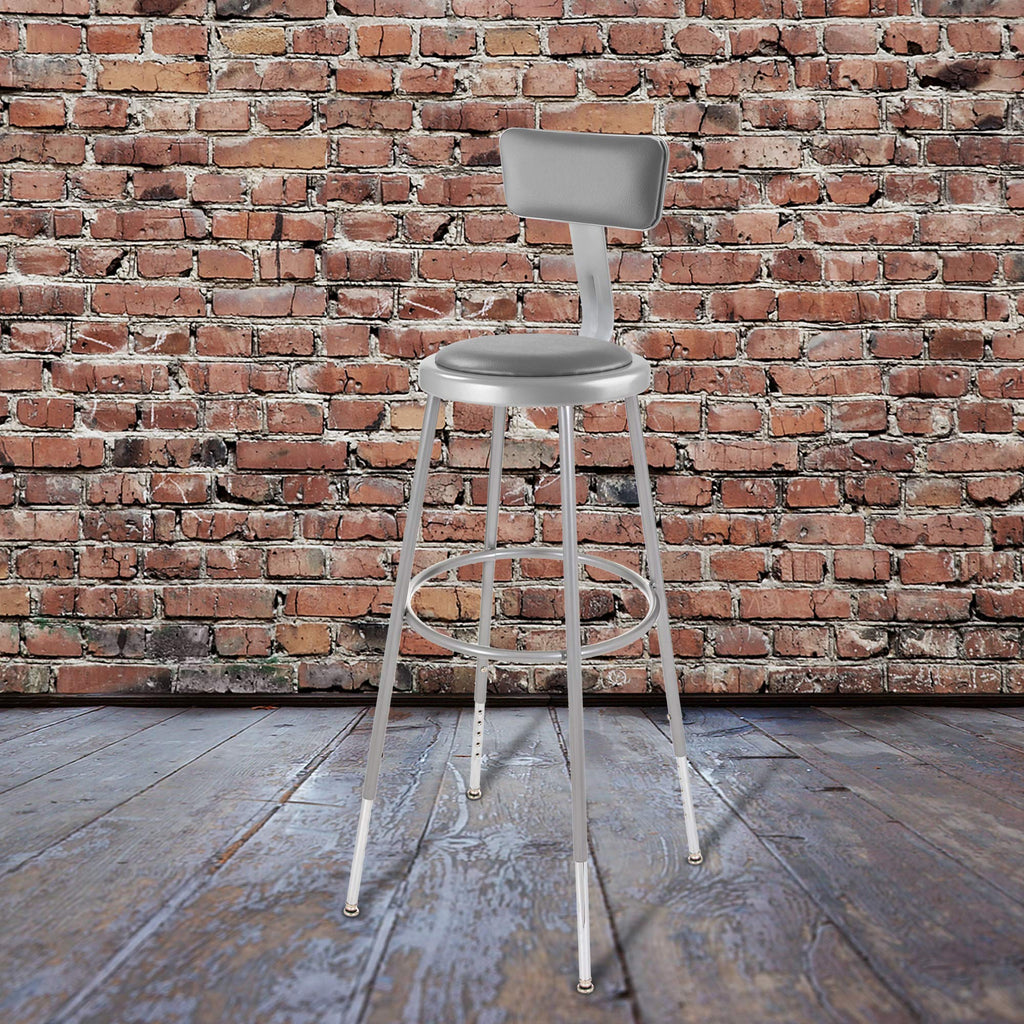 OEF Furnishings OEF6430HB/2 Premium Commercial-Grade All-Purpose Round Stool with Backrest (Height-Adjustable, 30–38 inch Range, Gray Frame, Vinyl Padded Seat, 2-Pack)