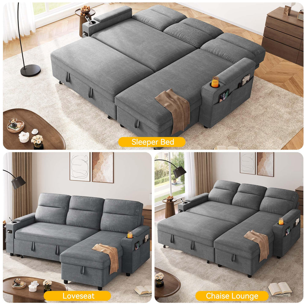 DWVO Convertible Sleeper Sofa with Adjustable Backrest & Pull Out Bed, L-Shaped Sectional Sofa Bed with Armrest & USB Port, Upholstered Sectional Couch for Living Room, No-Tool Assembly, Grey