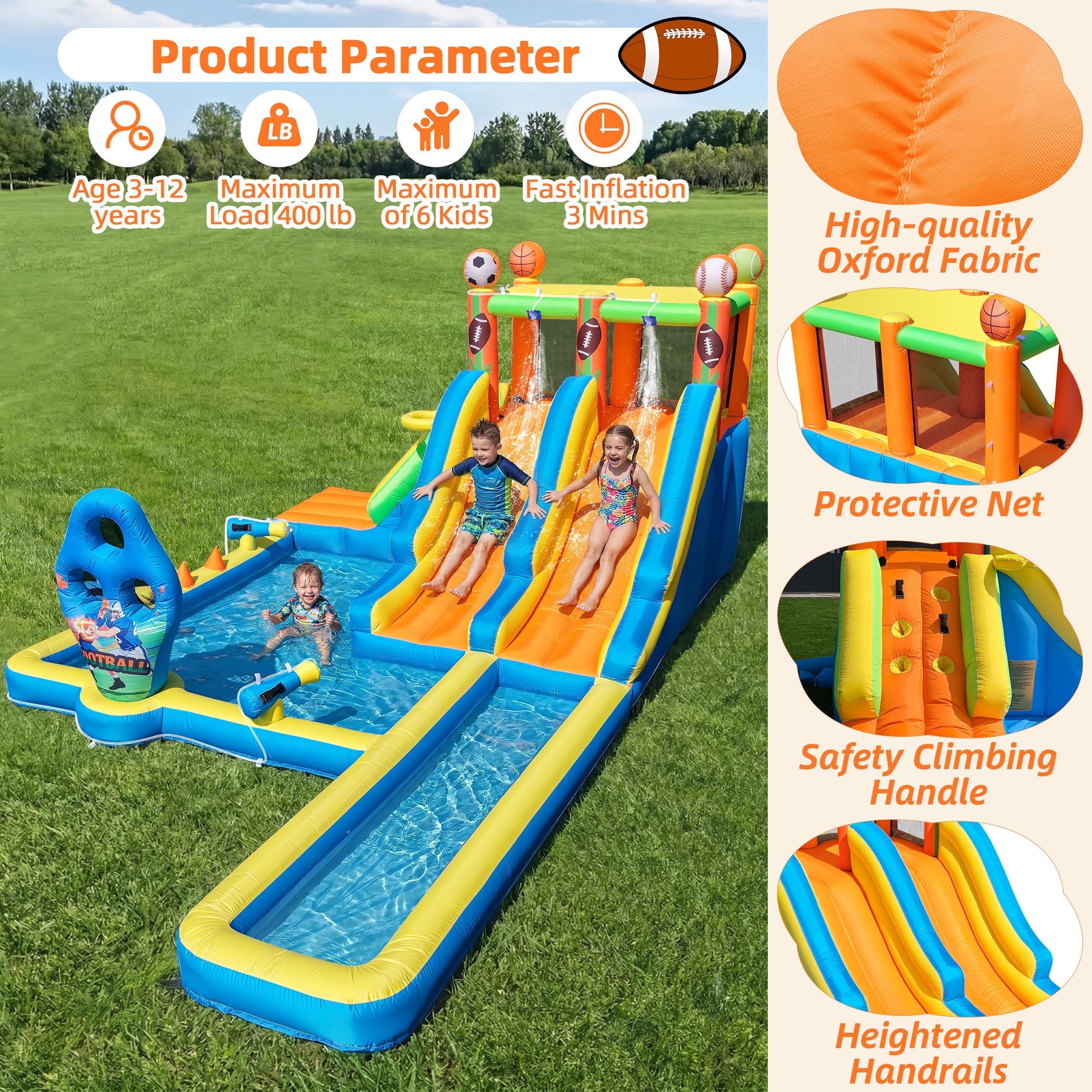 TOAOB Inflatable Water Slide for Kids 3-12: Blow Up Backyard Water Park with 2 Slides - 9 in 1 Football-Themed with 550W Blower for Outdoor Birthday Party