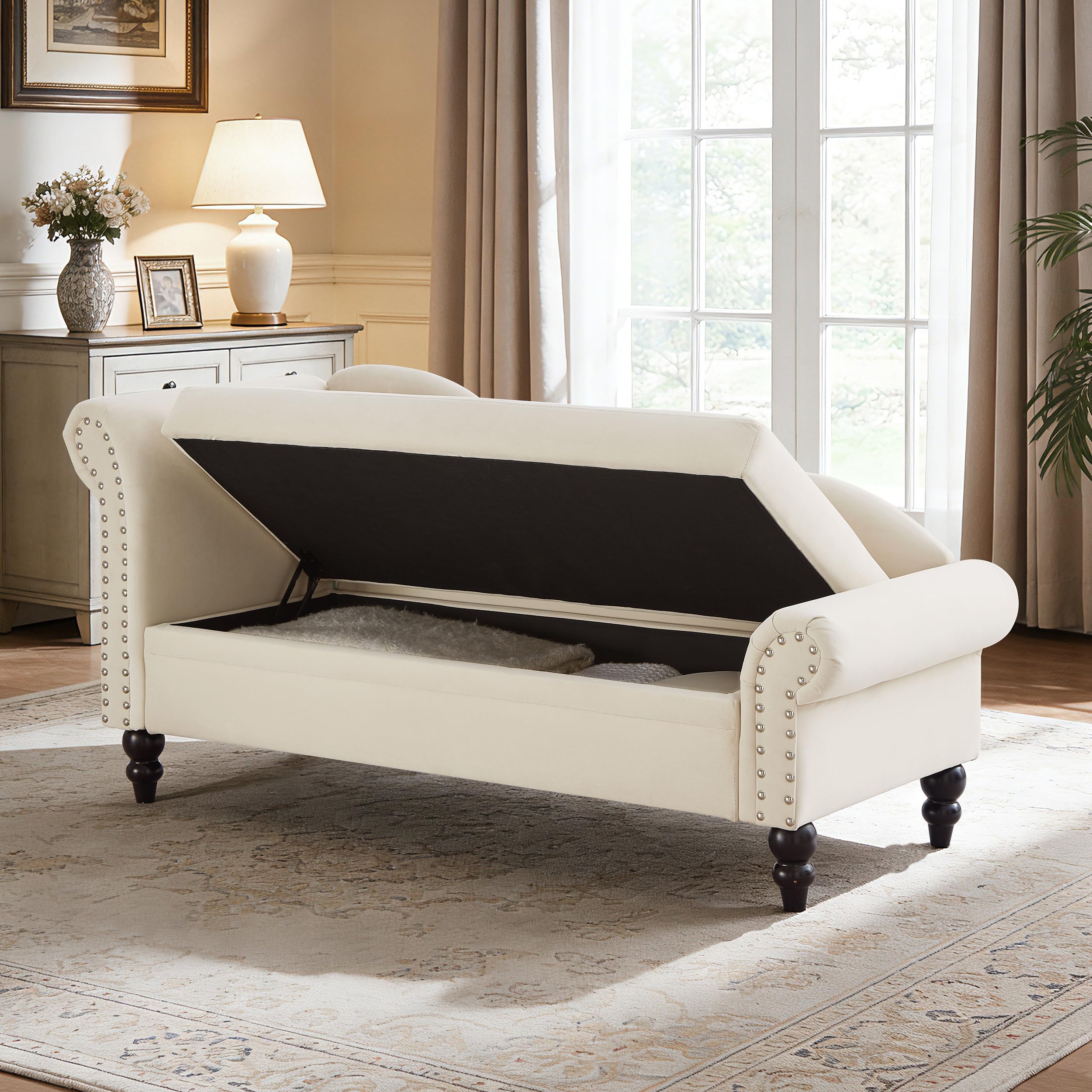 ERYE Velvet Upholstered Right Facing Chaise Lounge Chair, Beige Chaise Lounge Storage W/Nailhead Trim, Wood Legs, Classic Recliner Lounger Accent Sofa for Living Room Bedroom