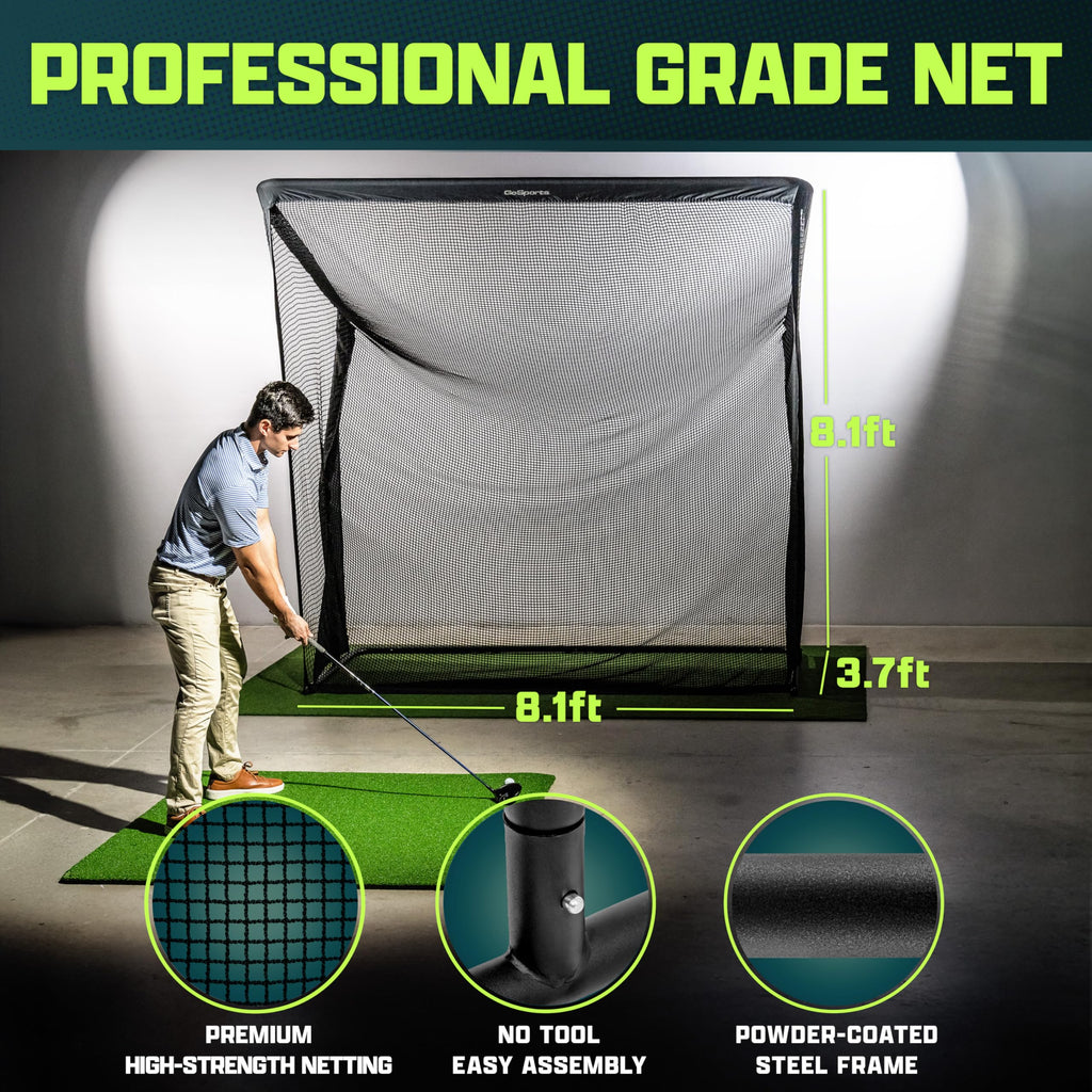 GoSports 8 x 8 ft Elite Golf Net with LoftGuard Canopy and Steel Frame - Indoor & Outdoor Practice Golf Hitting Net