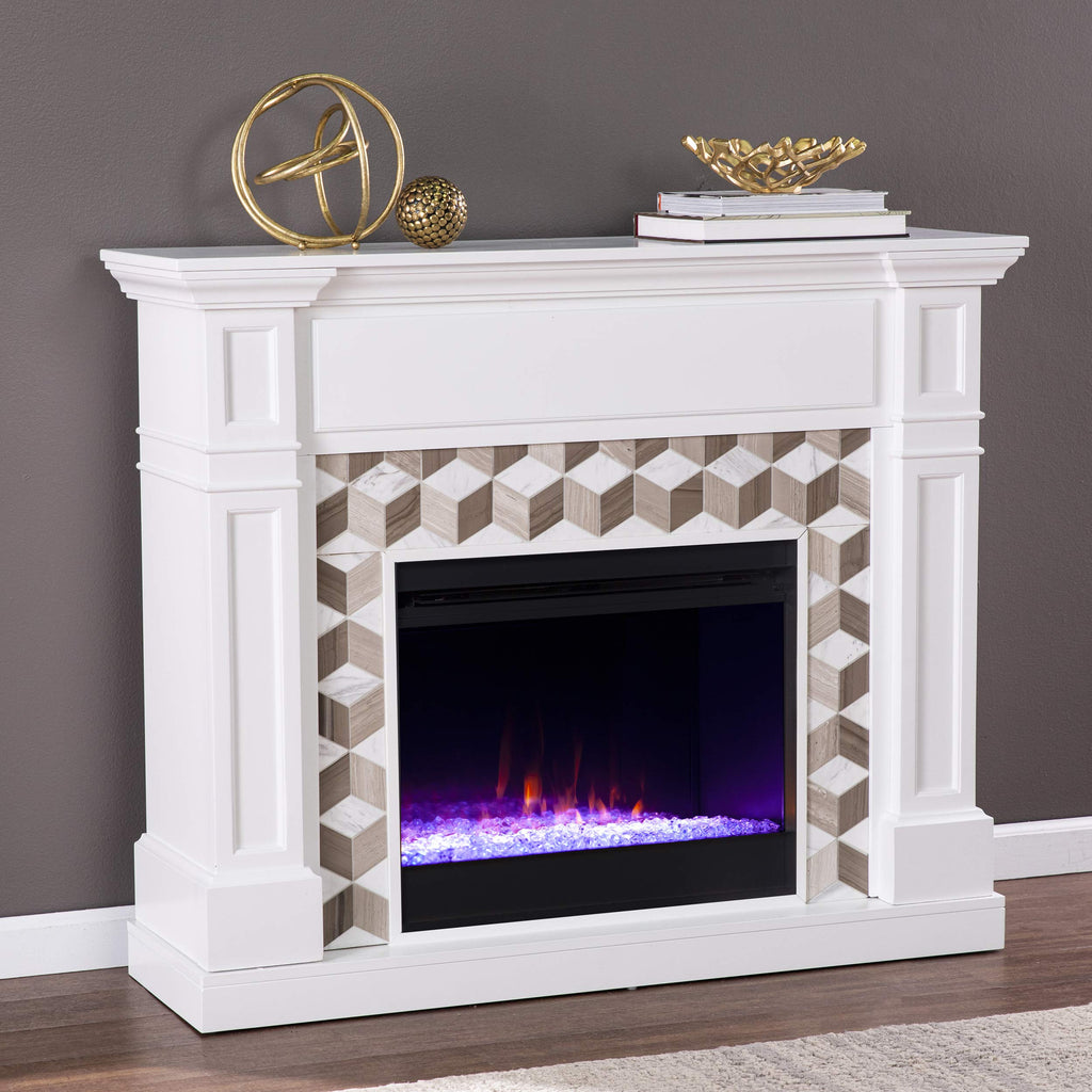 SEI Furniture Darvingmore Color Changing Fireplace w/Marble Surround, White/Brown