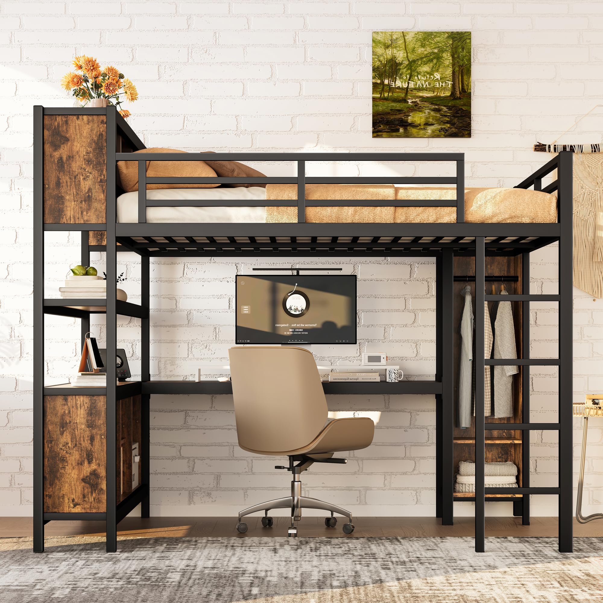Ball & Cast Metal Loft Bed with Wardrobe and L-Shaped Desk,Queen Size Loft Bed with Storage Cubes and Shelves,Heavy Duty Loft Bed Frame for Kids Teens Adults,No Box Spring Need,Black+Brown