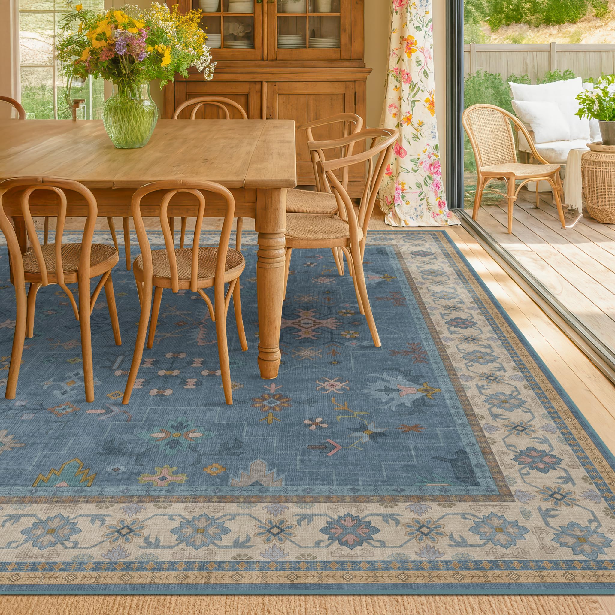 Hazo Haus Blue Big Rugs for Living Room - Dusty Blue 10x14 Area Rug for Large Bedroom, Dining Room, Washable Lightweight Low Pile Foldable Eclectic Modern Floral Home Décor