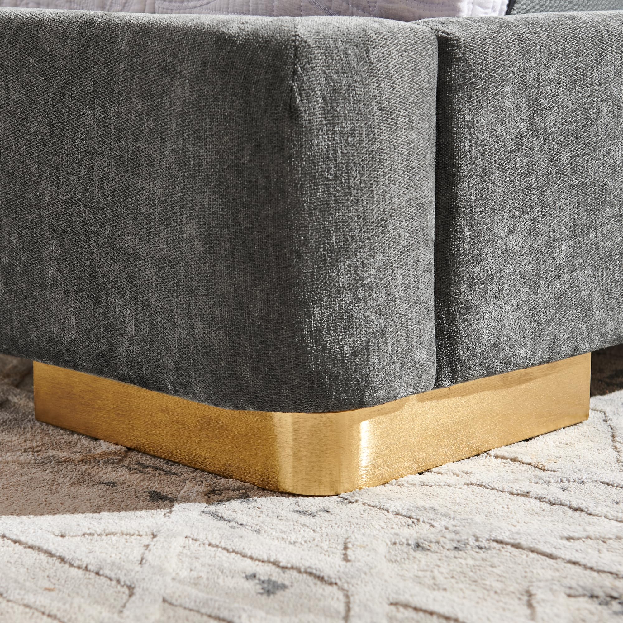 KEIKI King Size Platform Bed Frame Modern Upholstered with Curved Headboard, Chenille Fabric and Electroplated Metal Legs, No Box Spring Needed, Flexible DIY Side Space Design, Dark Gray