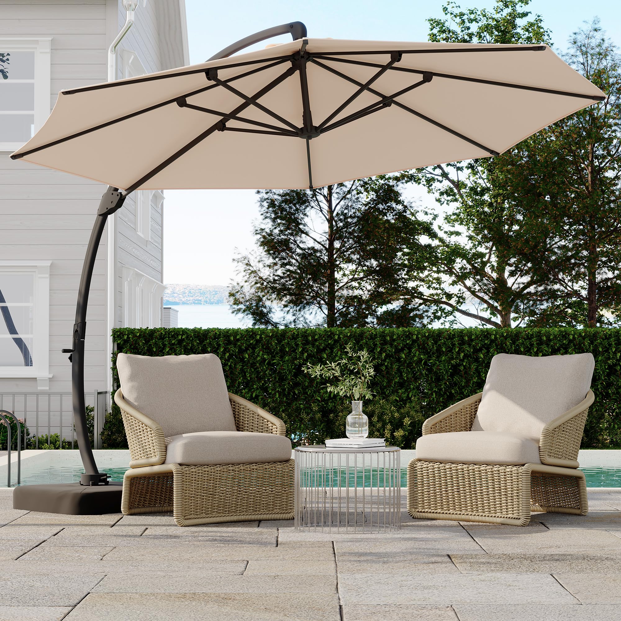 GarveeLife 11FT Cantilever Patio Umbrella With Base Included, Cantilevers Outdoor Umbrella Heavy Duty Offset, Aluminium Curved Cantilever Umbrella