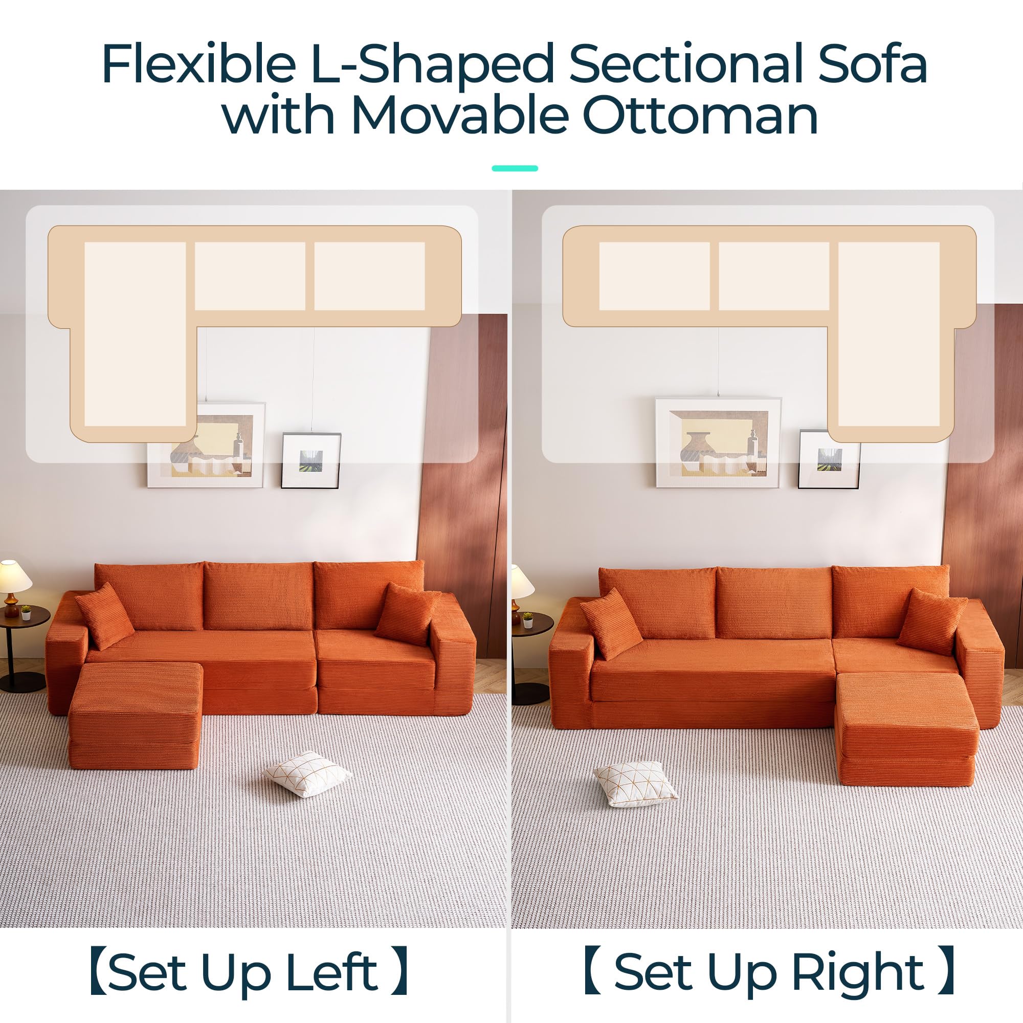 LINSY HOME Oversized Convertible Sofa Bed with 2 Pillows & Ottoman, Corduroy Boneless Couch Folding Modular Sleeper Sofa, L Shaped Couch Floor Sofa for Living Room Apartment, Upgrade Backrest (Orange)