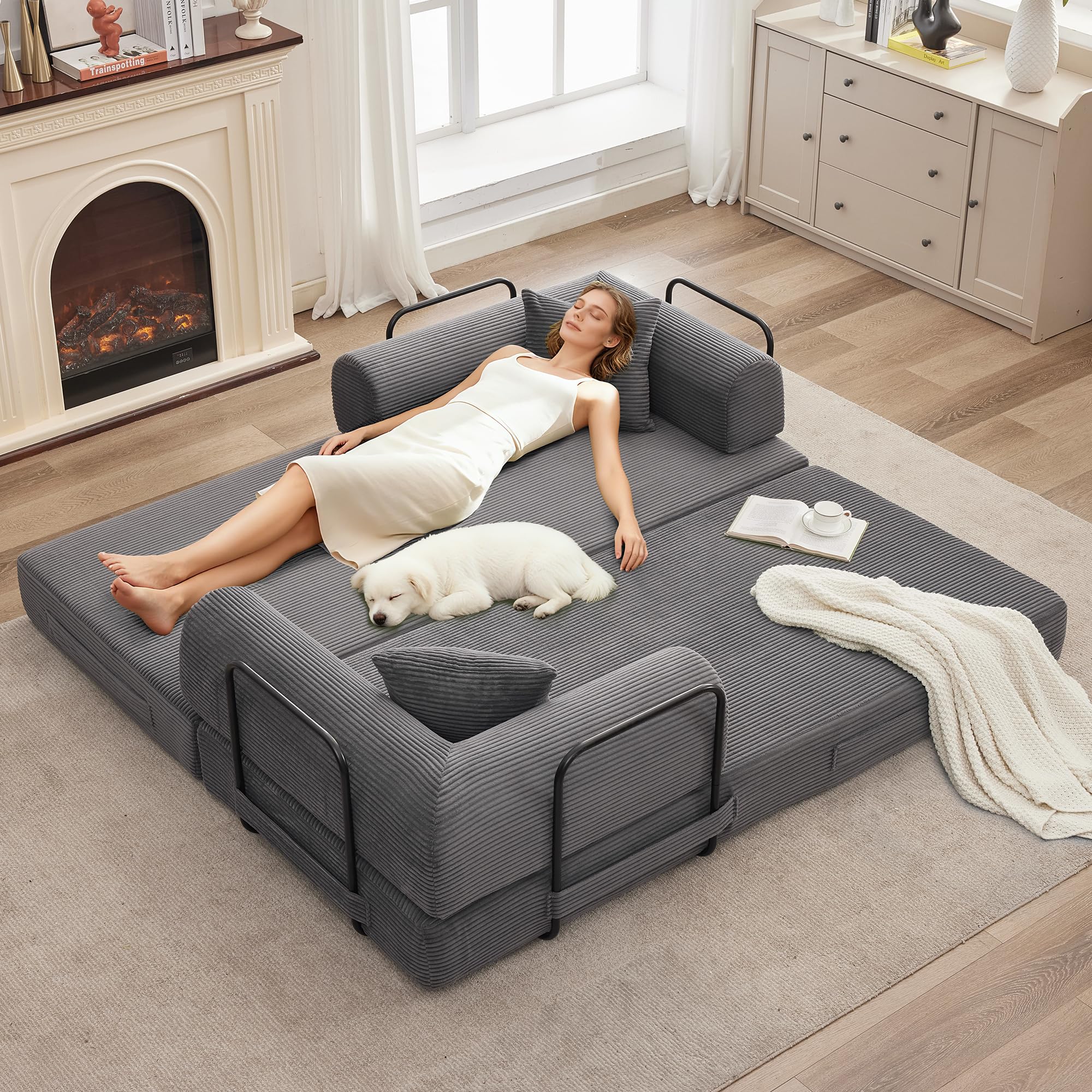 4 in 1 Convertible Sleeper Sofa Bed, 78.7" Boneless Corduroy Floor Couch with Pillows, Folding Futon Loveseat, Deep Seat Pull Out Sofa for Living Room, Apartment, Bedroom, No Assembly Required, Gray