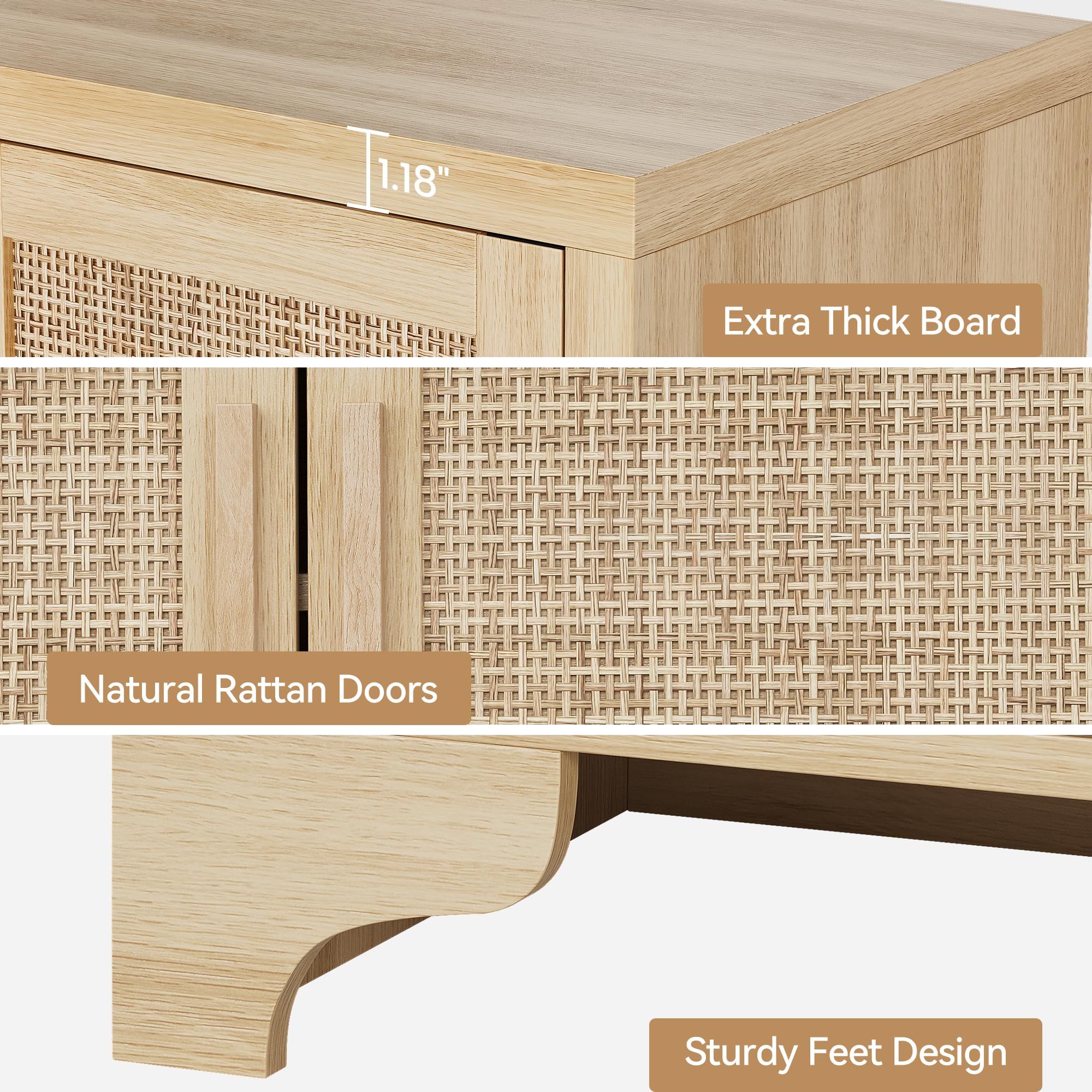 GarveeHome 4-Door Sideboard Buffet Cabinet, Natural Rattan Storage Cabinet, Boho Entryway Console Table, Coffee Bar Station for Dinning Room, Living Room, Kitchen
