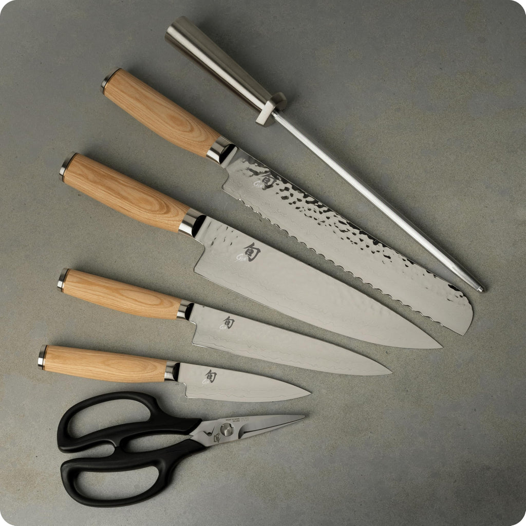 Shun Premier Blonde 7 Piece Essential Block Set, Includes 8" Chef, 4" Paring, 6.5" Utility, 9" Bread Knives & Herb Shears, Handcrafted Japanese Knife Set, Pakkawood Handles