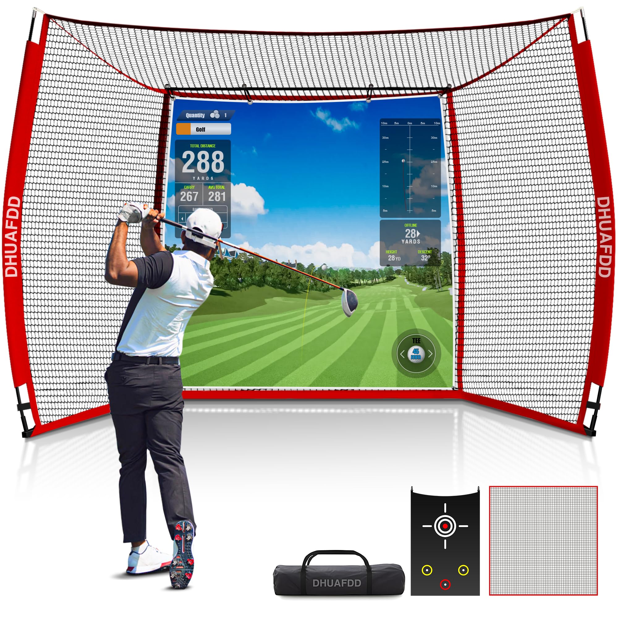 DHUAFDD Golf Hitting Net with Impact Screen 10 X 8 ft Golf Net with HD Simulator Screen & Target Cloth for Home Backyard Garage Golf Simulator Cage for Swing Training Indoor Outdoor Use