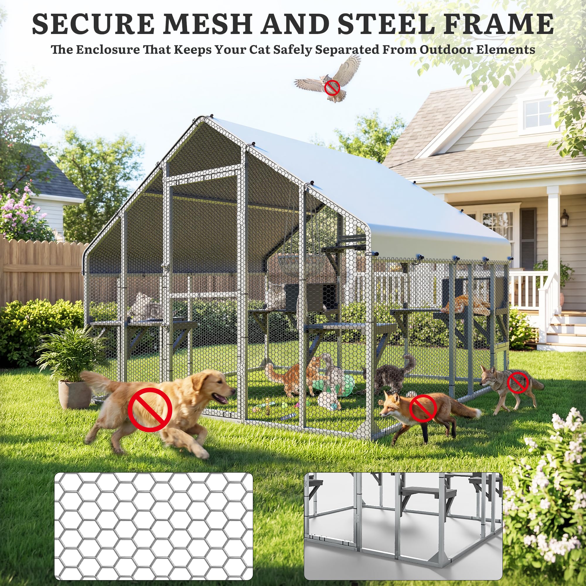 YITAHOME 94 Inch Outdoor Cat Enclosure, Extra Large Outdoor Cat House for Multiple Cats, Metal Cat Cage with Weatherproof Roof, 7 Platforms, 2 Resting Box and Cat Hammock Bed