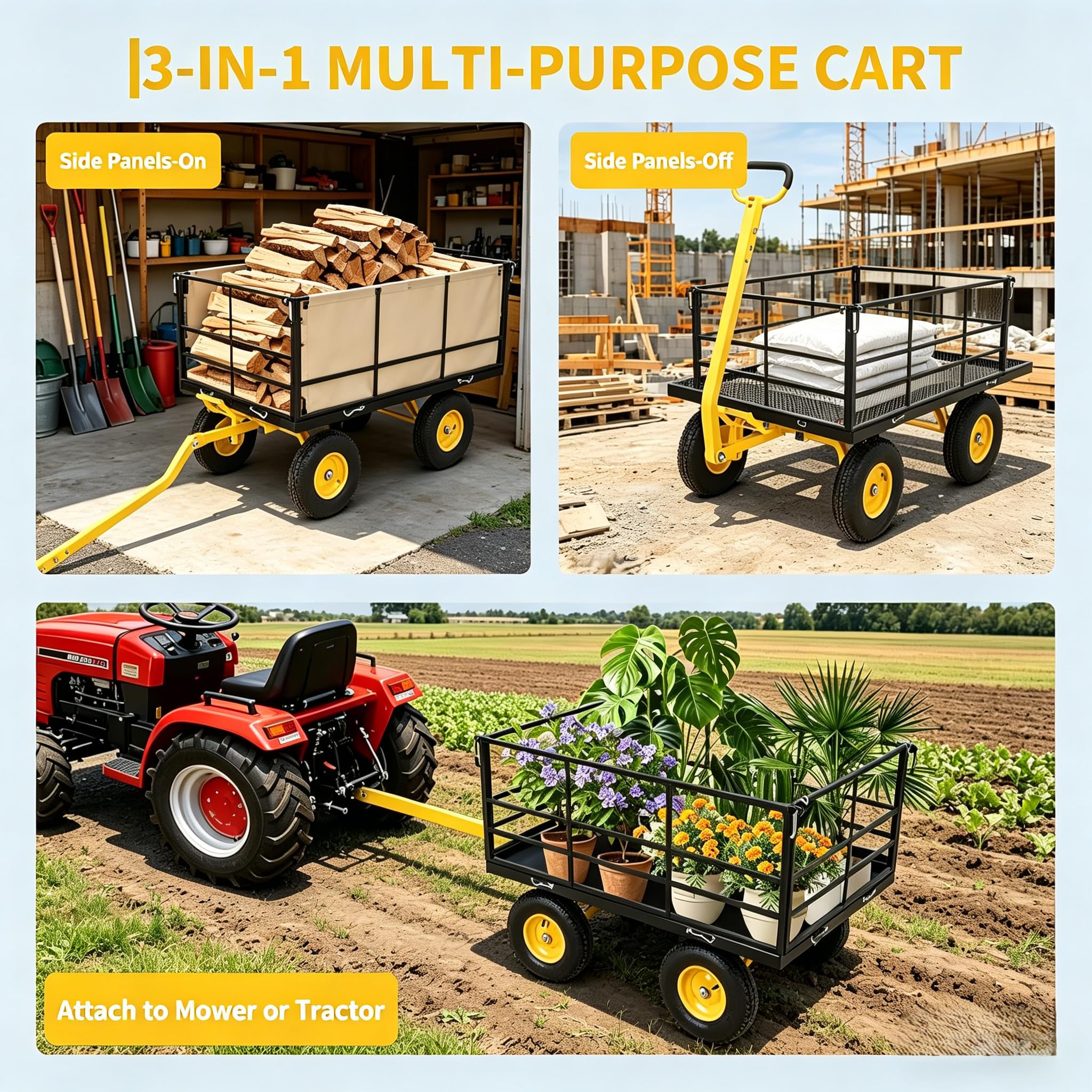 1500Lbs Steel Mesh Garden Cart, Heavy-Duty Utility Wagon with Removable Sides, Outdoor Wagon with Rubber Tire and Handle for Gardening Soil, Tools and Plant Transport(Green)