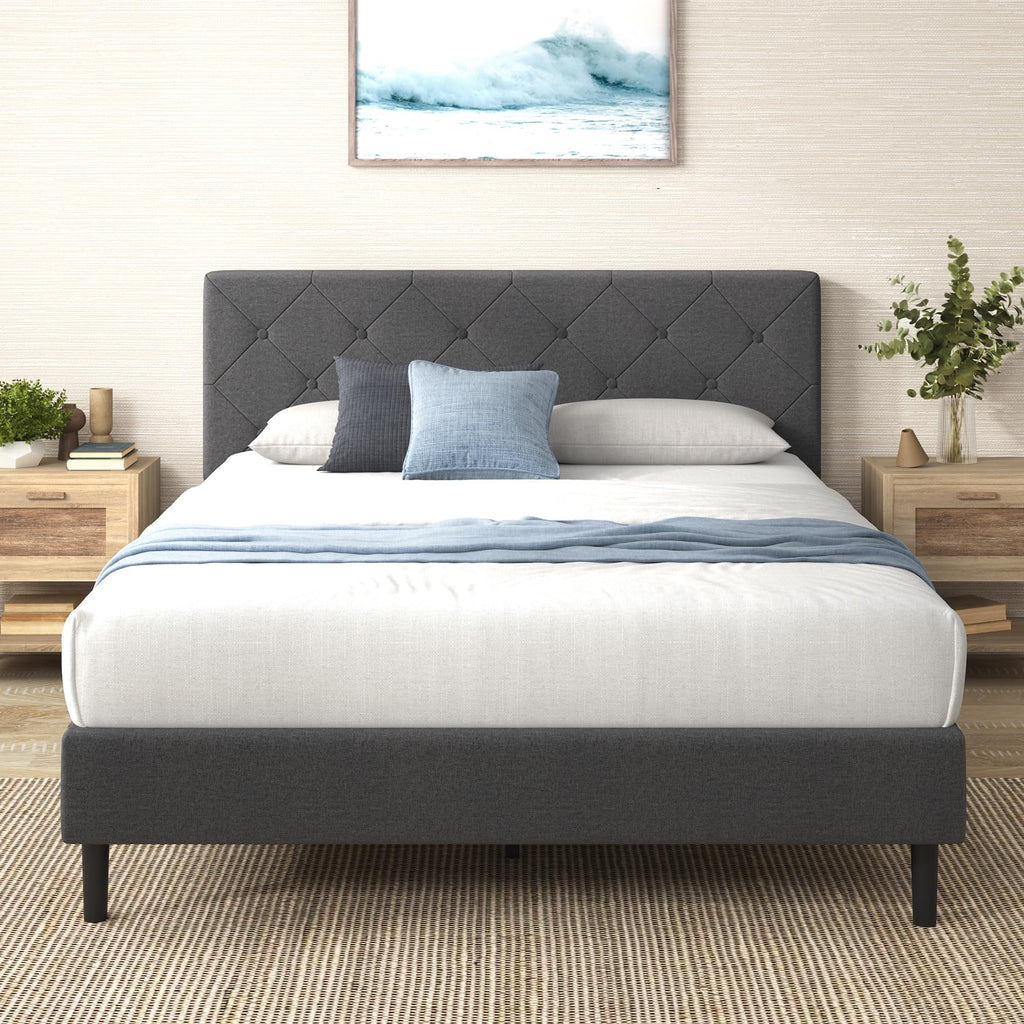Zinus King Shalini Upholstered Platform Bed Frame with Headboard [New WonderBox(TM) Version], Wooden Slat Support, No Box Spring Needed, Easy Assembly, Eco Friendly Packaging, Dark Grey