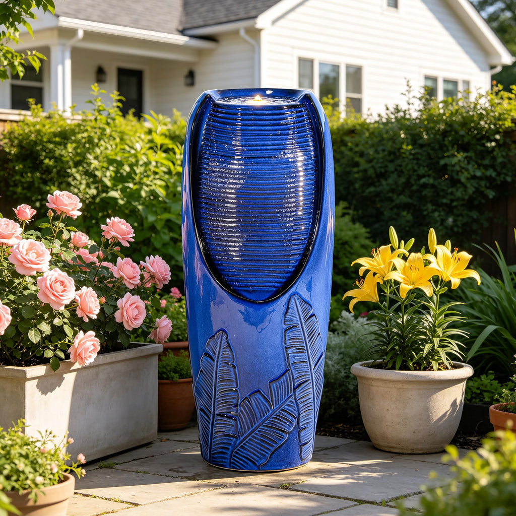 Autodaya 33" H Outdoor Garden Fountain with LED Lights, Modern Ceramic Jar Water Fountain, 3D Tropical Leaf Pattern, Cobalt Blue Glaze, Soothing Cascading Waterfall for Relaxing Patio, Yard, Porch