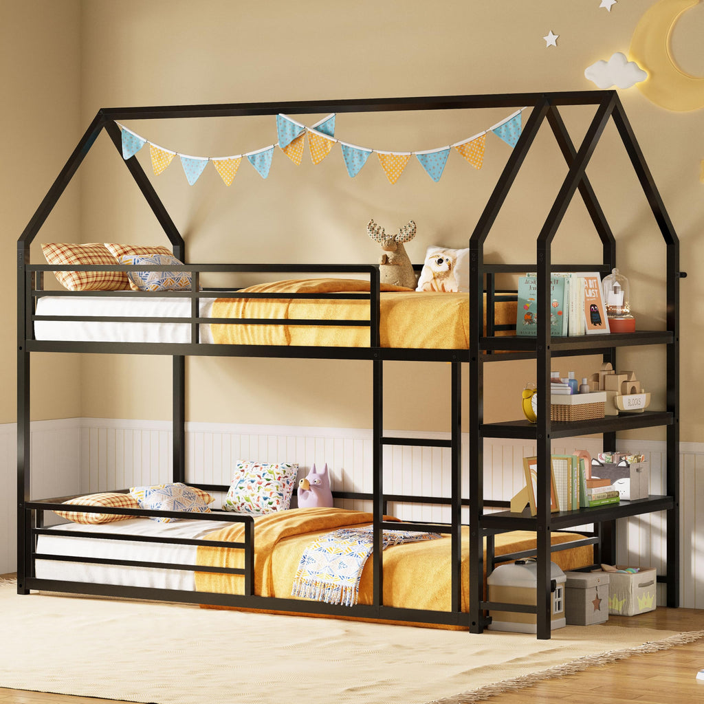 LIKIMIO Bunk Bed Twin Over Twin, Twin Bunk Beds Frame with 3-Tier Storage Bookshelf, Metal Twin House Bed Ladder and Safety Guardrail, Space Saving for Apartment or Dorm, No Box Spring Needed, Black