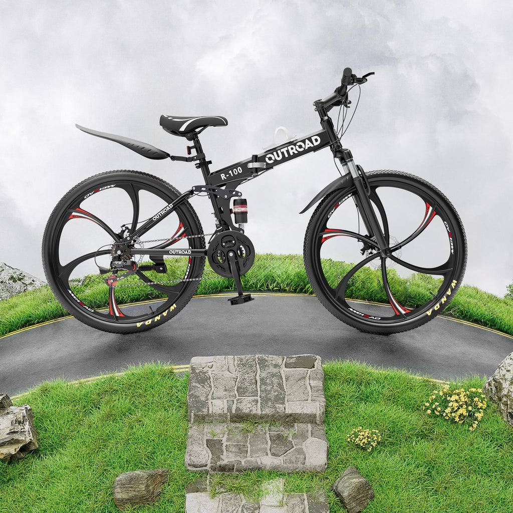 MarKnig 26 Inch Adult Folding Bikes/Mountain Bikes, 21 Speeds Mountain Bicycles with Full Suspension, Dual Disc Brake, High Carbon Steel Frame, Foldable Bike for Men/Women/Teen, LH-Black
