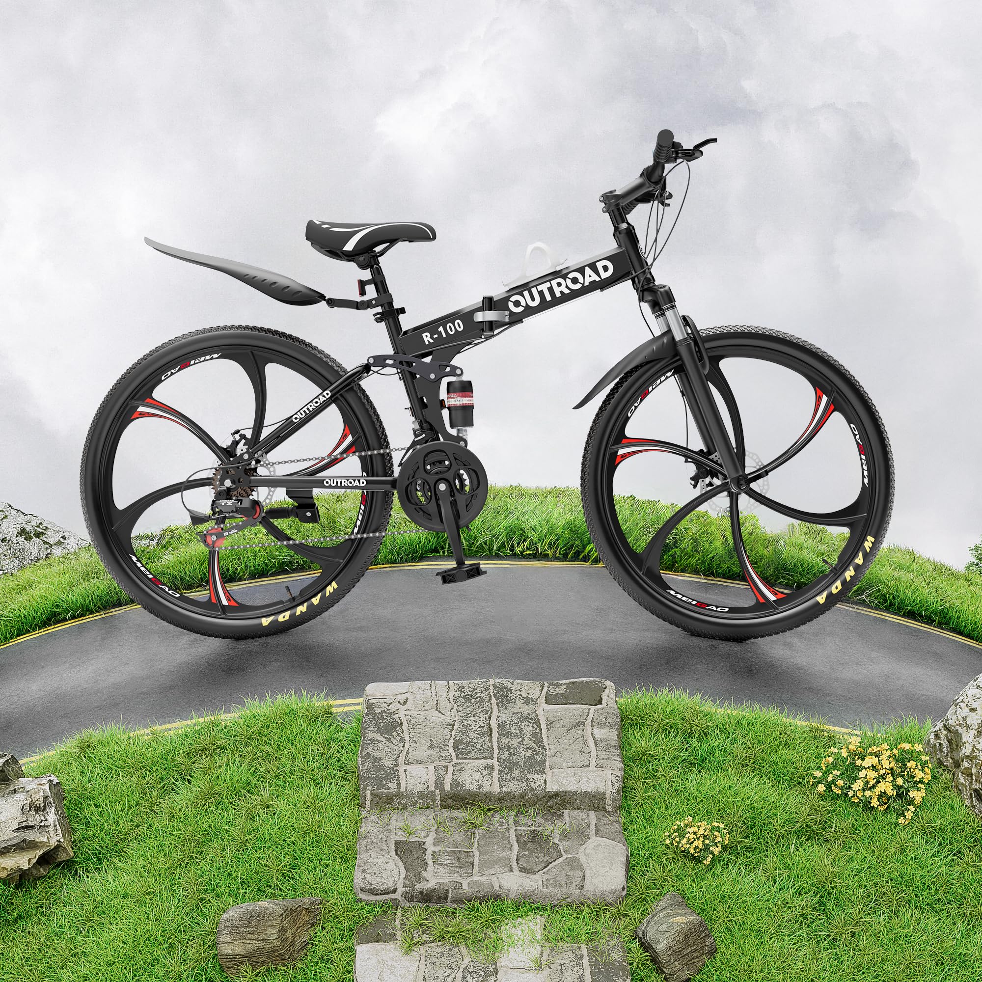 MarKnig 26 Inch Adult Folding Bikes/Mountain Bikes, 21 Speeds Mountain Bicycles with Full Suspension, Dual Disc Brake, High Carbon Steel Frame, Foldable Bike for Men/Women/Teen, LH-Black