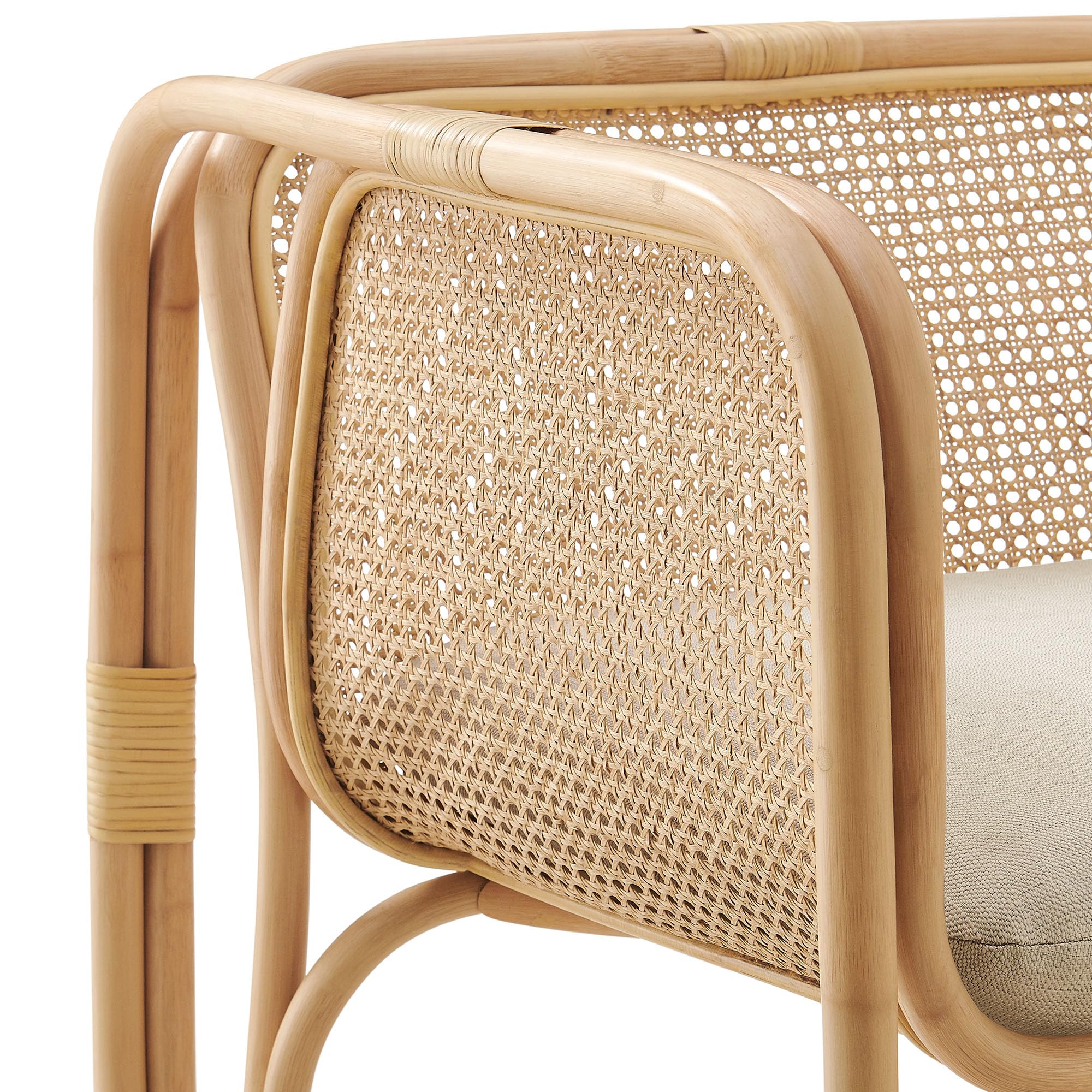 Ellis Natural Rattan Accent Armchair in Natural – Curved Low Lounge Chair with Cushioned Seat for Living Room, Sunroom, or Covered Patio