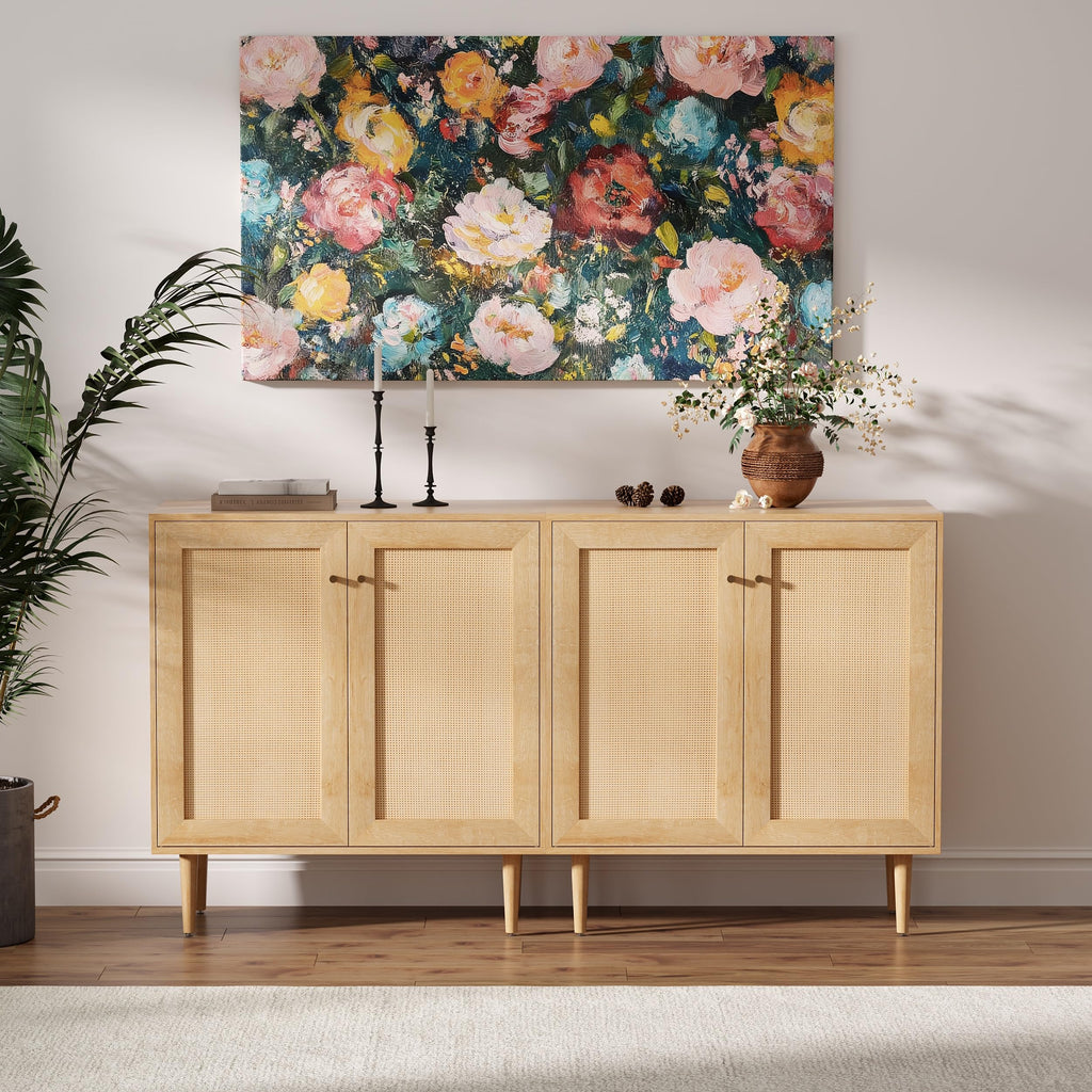 MoomJiee Rattan Door Storage Cabinet with Adjustable Shelves, Set of 2 New Wood Buffet Cabinet with Magnetic Design, Large Buffet Sideboard for Kitchen Living Room, Natural Oak