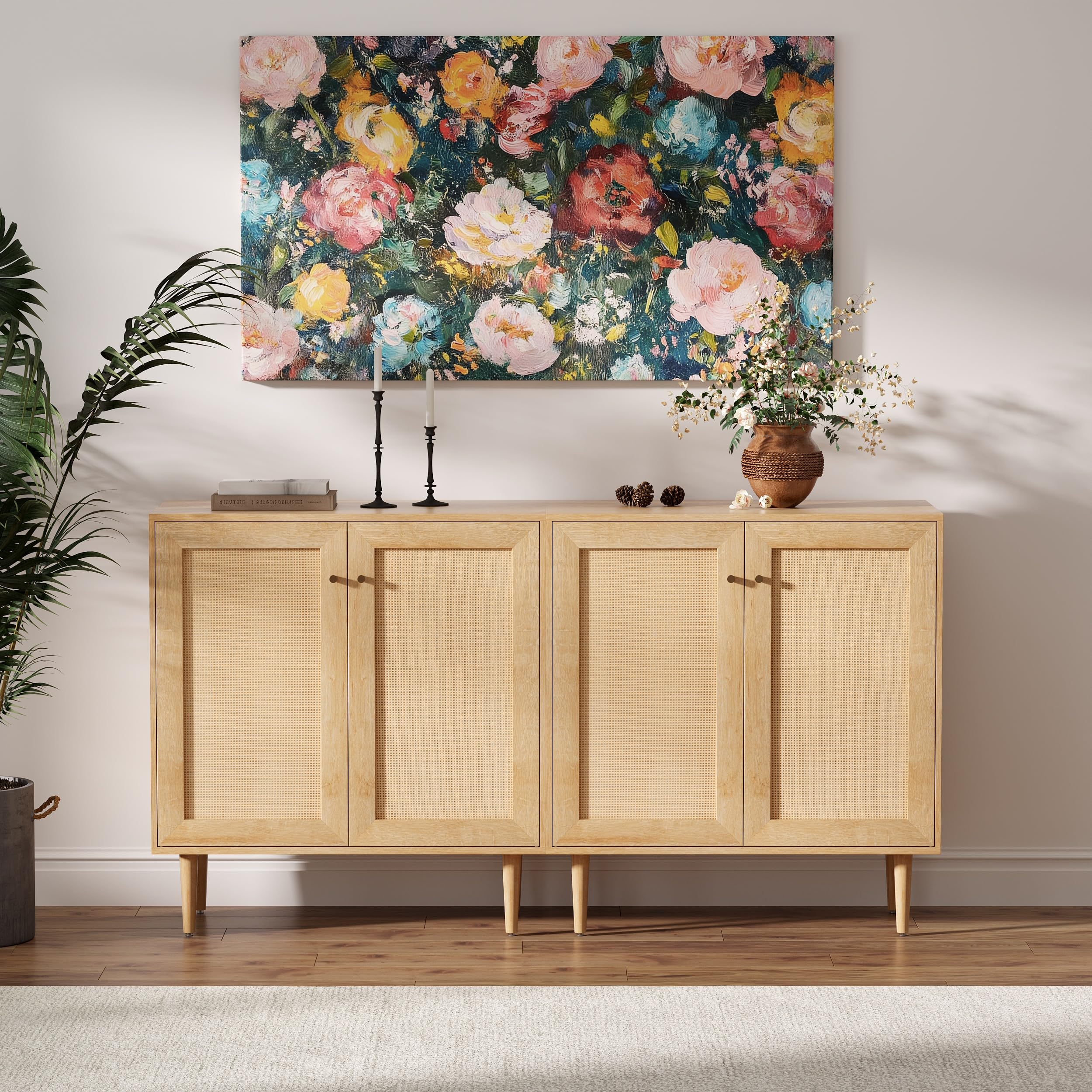 MoomJiee Rattan Door Storage Cabinet with Adjustable Shelves, Set of 2 New Wood Buffet Cabinet with Magnetic Design, Large Buffet Sideboard for Kitchen Living Room, Natural Oak