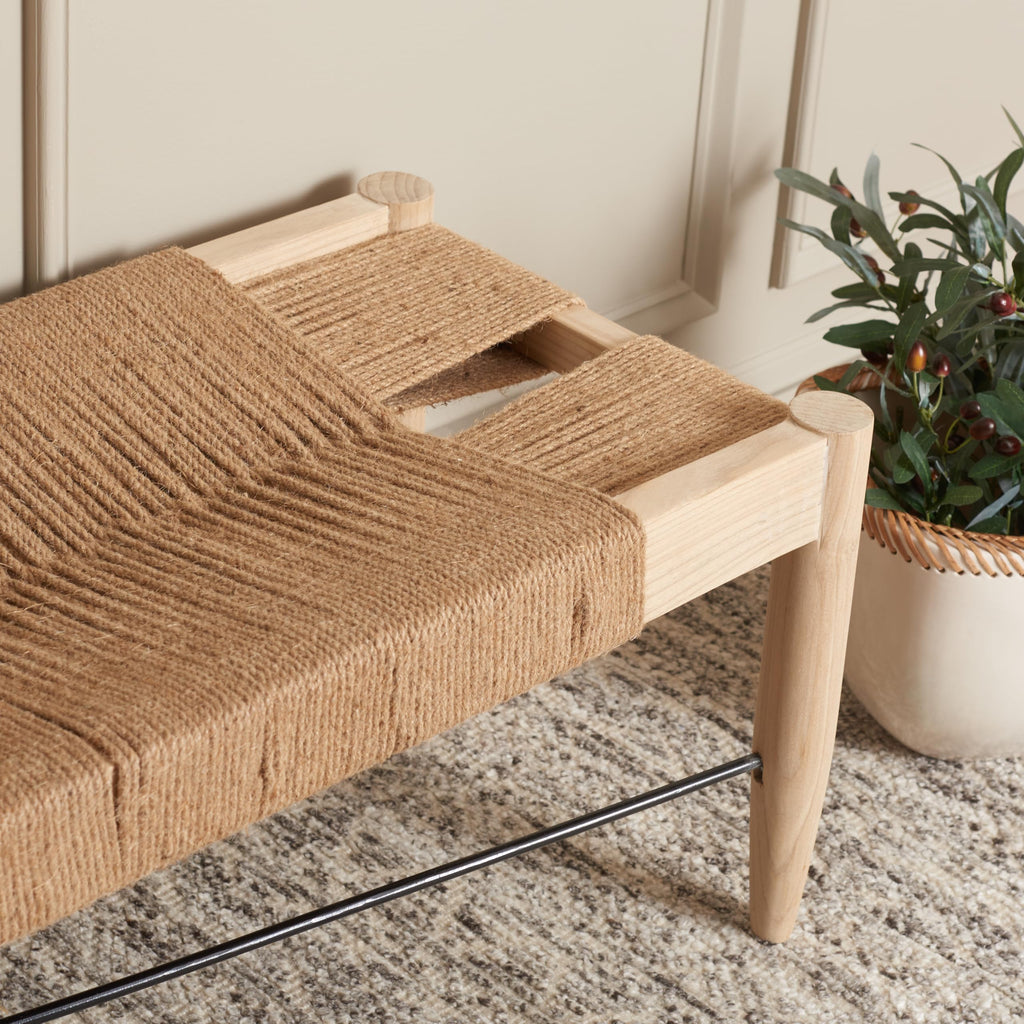 SAFAVIEH Home Collection Arcana Tropical Natural Jute Rope Sungkai Solid Wood Bench (Fully Assembled)