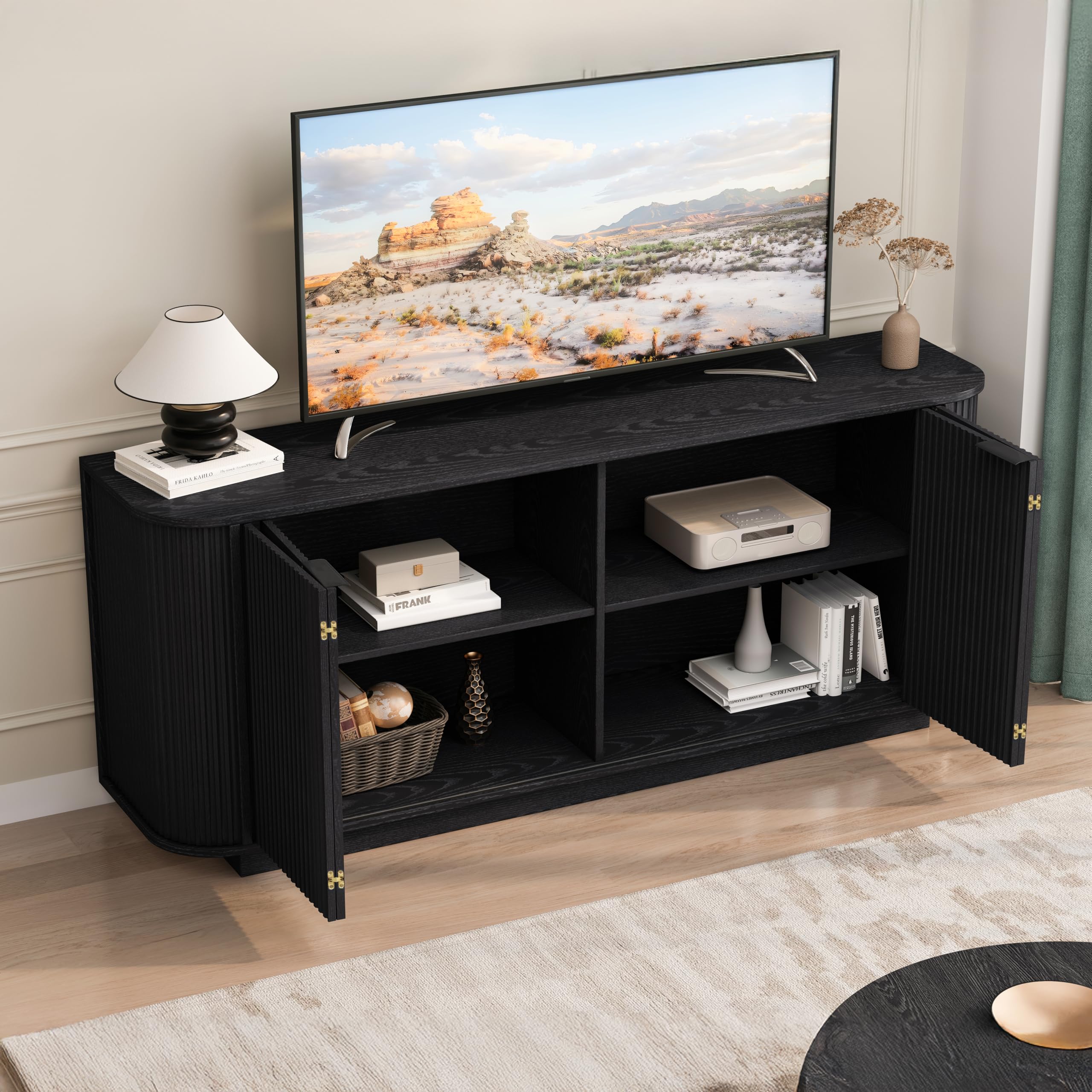 GDFStudio 63" Mid Century Modern Buffet Cabinet with Wavy Doors, Wood Sideboard Cabinet with Adjustable Shelves & 2 Doors, Storage Credenza Console Table for Dining Room Living Room Entryway, Black