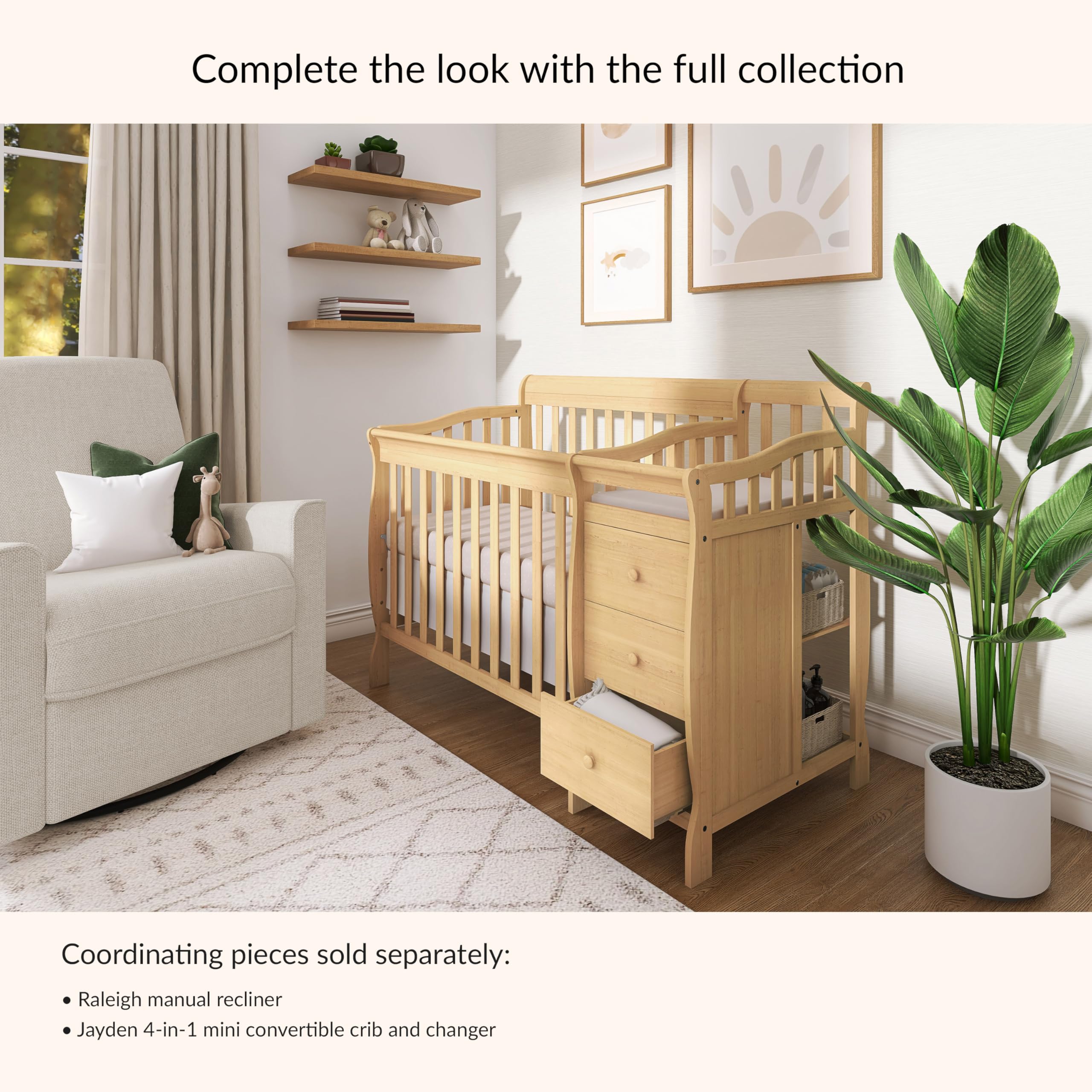 Dream On Me Jayden 4‑in‑1 Mini Convertible Baby Crib & Changer with Storage in Natural, Pinewood, GreenGuard Gold & BSA, 1” Mattress Pad, 3 Mattress Heights, Converts to Mini Day & Twin-Size Bed