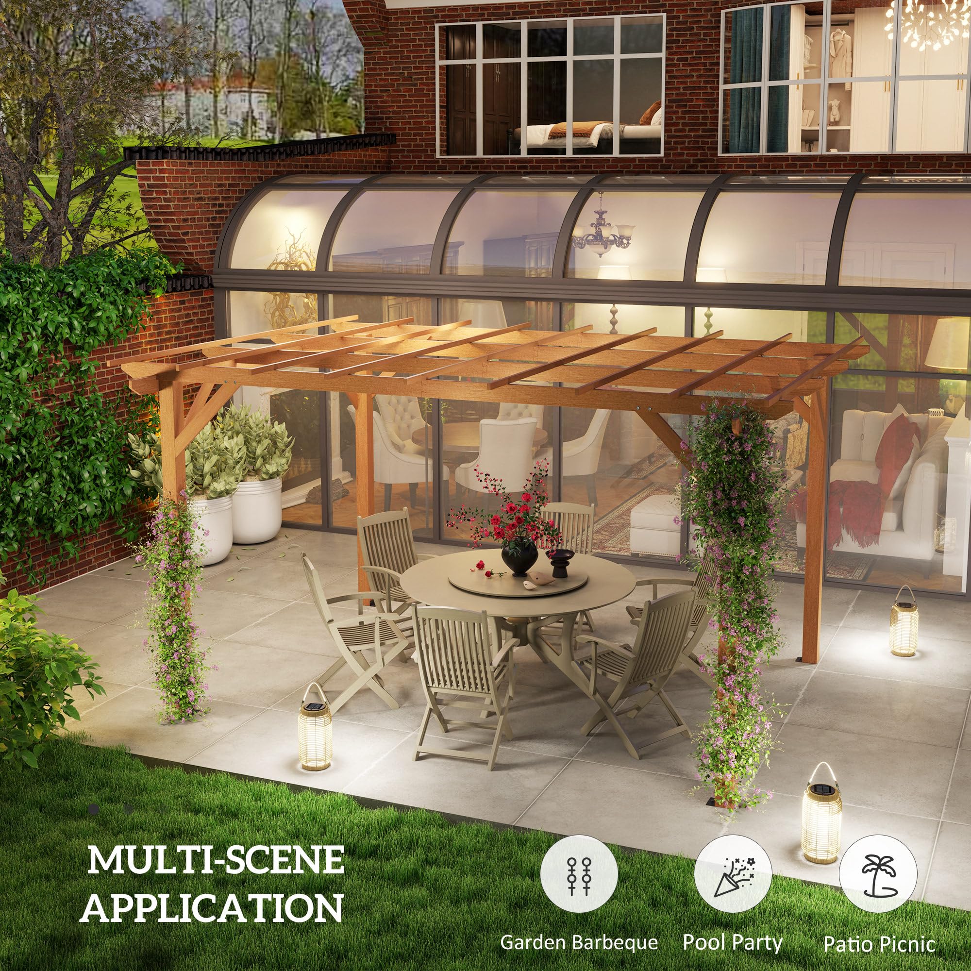 Outsunny 10' x 13' Outdoor Pergola, Wood Gazebo Grape Trellis with Stable Structure and Concrete Anchors for Climbing Plant Support, Garden, Patio, Backyard, Deck, Dark Brown