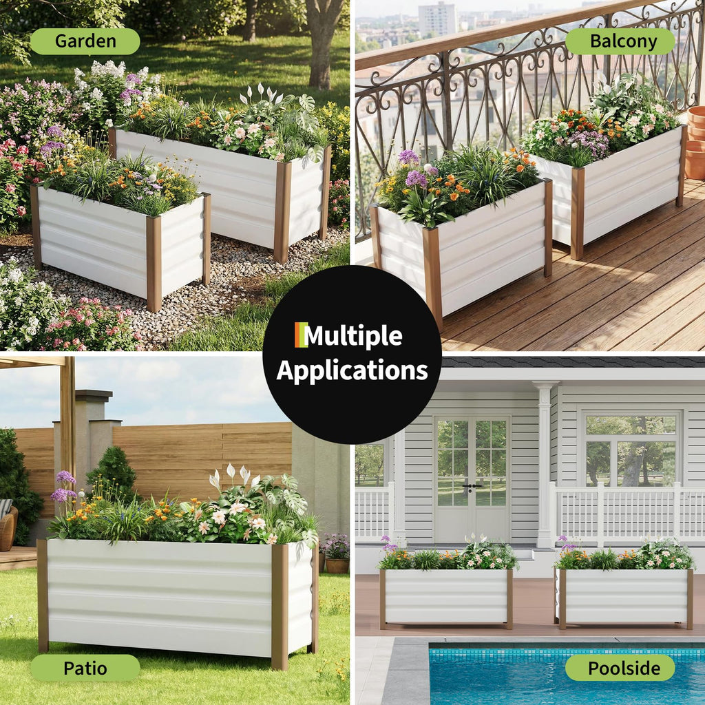 Garvee 2 Pack Large White Aluminum Planter Box 39"X16"X18", Extra Long Raised Garden Bed with Rounded Corners & Anti-Cut Safety Edging, Deep Design with Drainage Holes for Outdoor Patio & Balcony, Whi