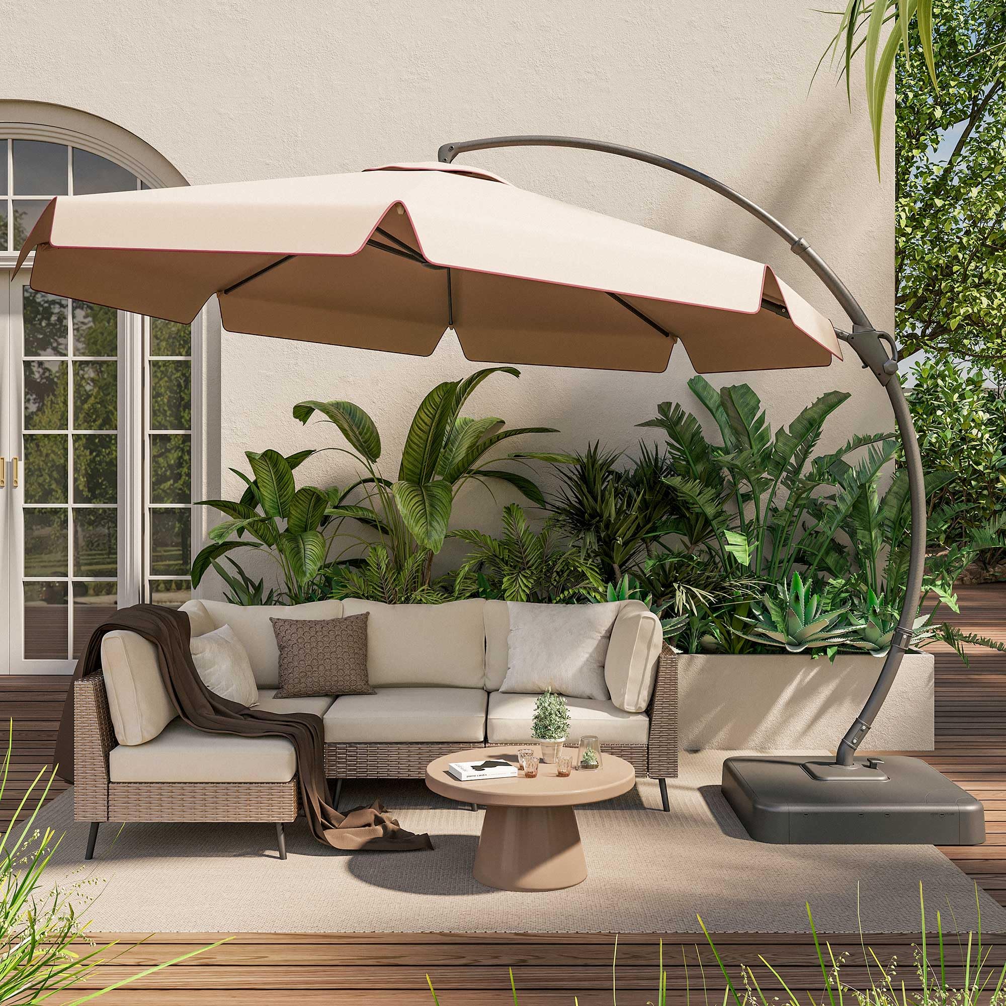 EO Living 11FT Cantilever Patio Umbrella with Base, 360° Rotation Offset Outdoor Umbrella, Heavy Duty Rust-Resistant, UV Protection Waterproof Shade for Backyard, Pool, Garden, Deck (Beige)