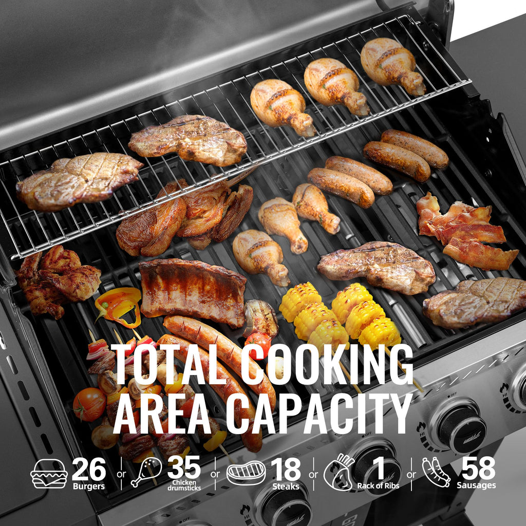 Royal Gourmet GA5406TS 5 Burner Propane Gas Grill with Side Burner and Sear Burner, Cart Style Gas BBQ Grill with Porcelain-Enameled Cast Iron Grates for Backyard Cooking, Silver & Black