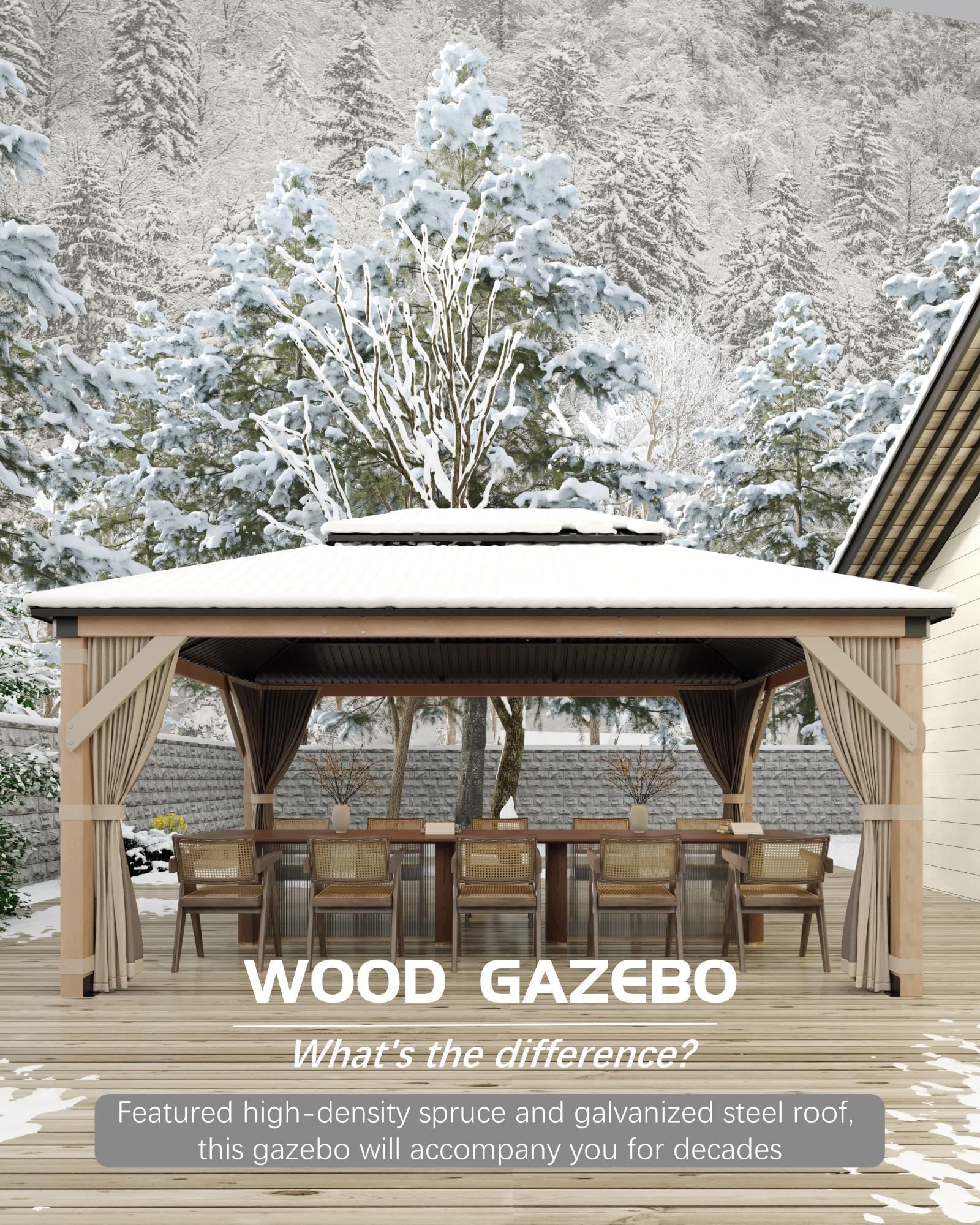 10x12 ft Hardtop Wood Gazebo for All Weather, Double Metal Roof, Heavy Duty Cedar Frame, Curtains & Netting, Permanent Outdoor Pavilion for Patio, Deck, Backyard, Lawn, Garden, Khaki